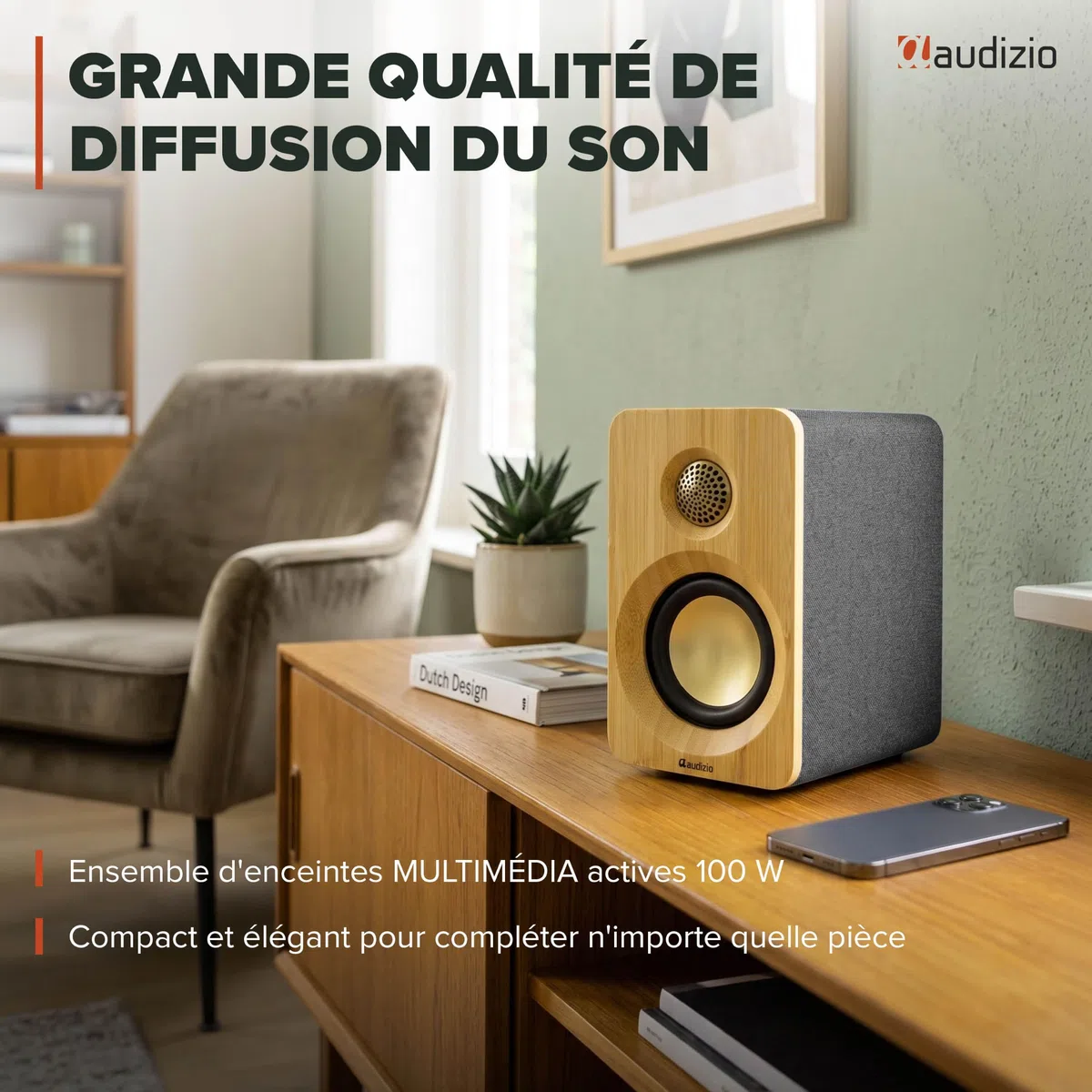 Audizio KS16 Enceintes PC Actives Bluetooth USB-C 100W Bambou