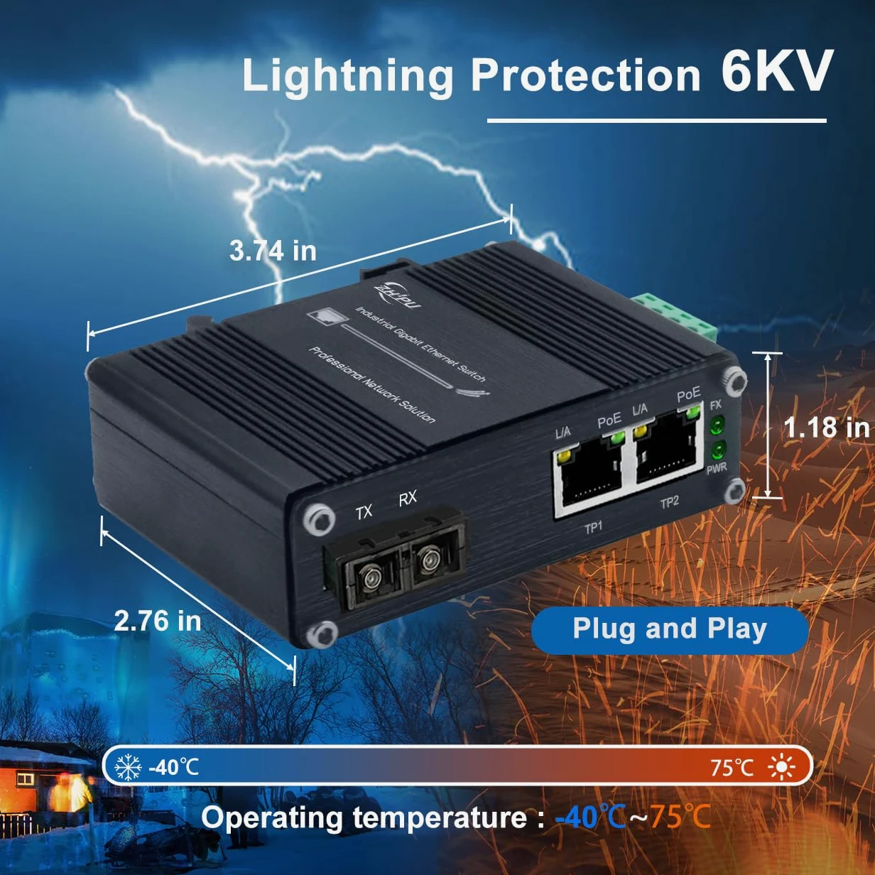 Convertisseur de média industriel 1,25 G Gigabit SC vers Ethernet prenant en charge le rail DIN, commutateur de fibre IEEE 802.3af/at 30 W PoE avec 2 ports RJ45 et 1 port SC monomode, jusqu'à 20 km,