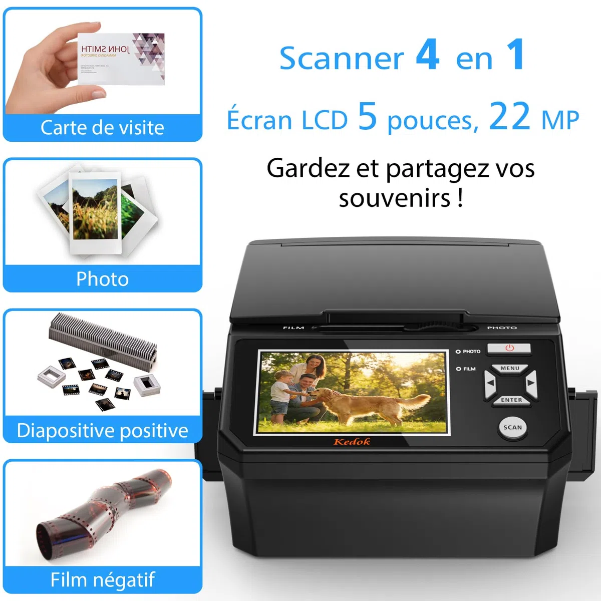 Scanner 4-en-1 Diapositives et Négatifs, Scanner Photo 22MP avec Écran LCD 5", Convertit 135/110 Films/Négatifs/Photos en JPEG Numérique, Carte SD 8Go Incluse