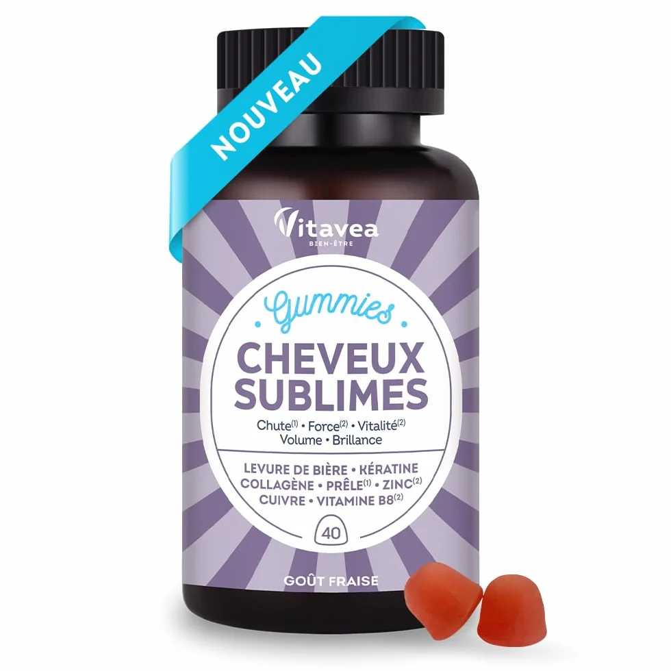 Vitavea Gummies Cheveux Sublimes Biotine Levure de Bière Kératine Zinc Collagène Anti-Chute Brillance 40 Gummies Fruits Rouges