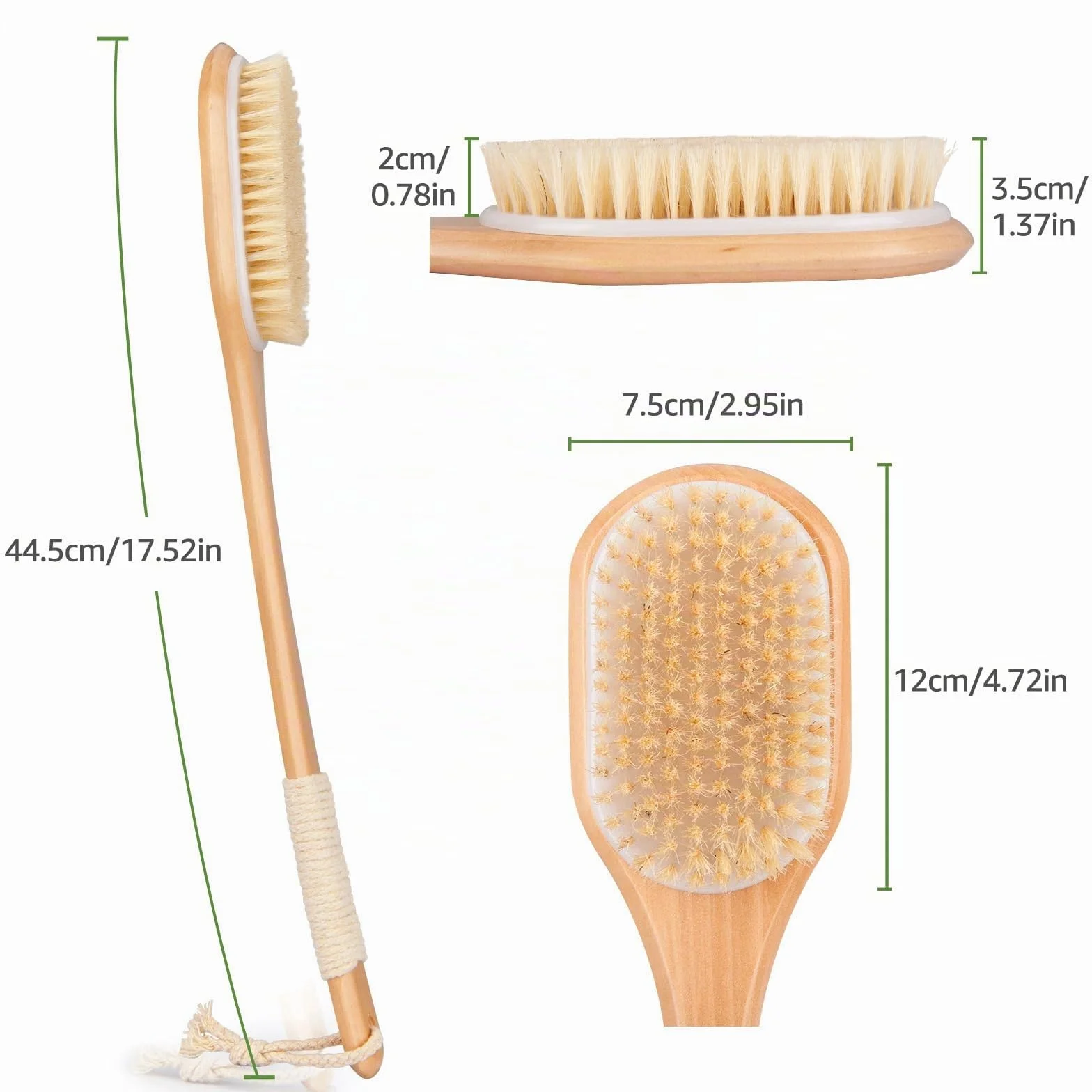 Brosse dos Douche 44,5CM Brosse Exfoliante Corps Bois Poils Naturels Longue Manche