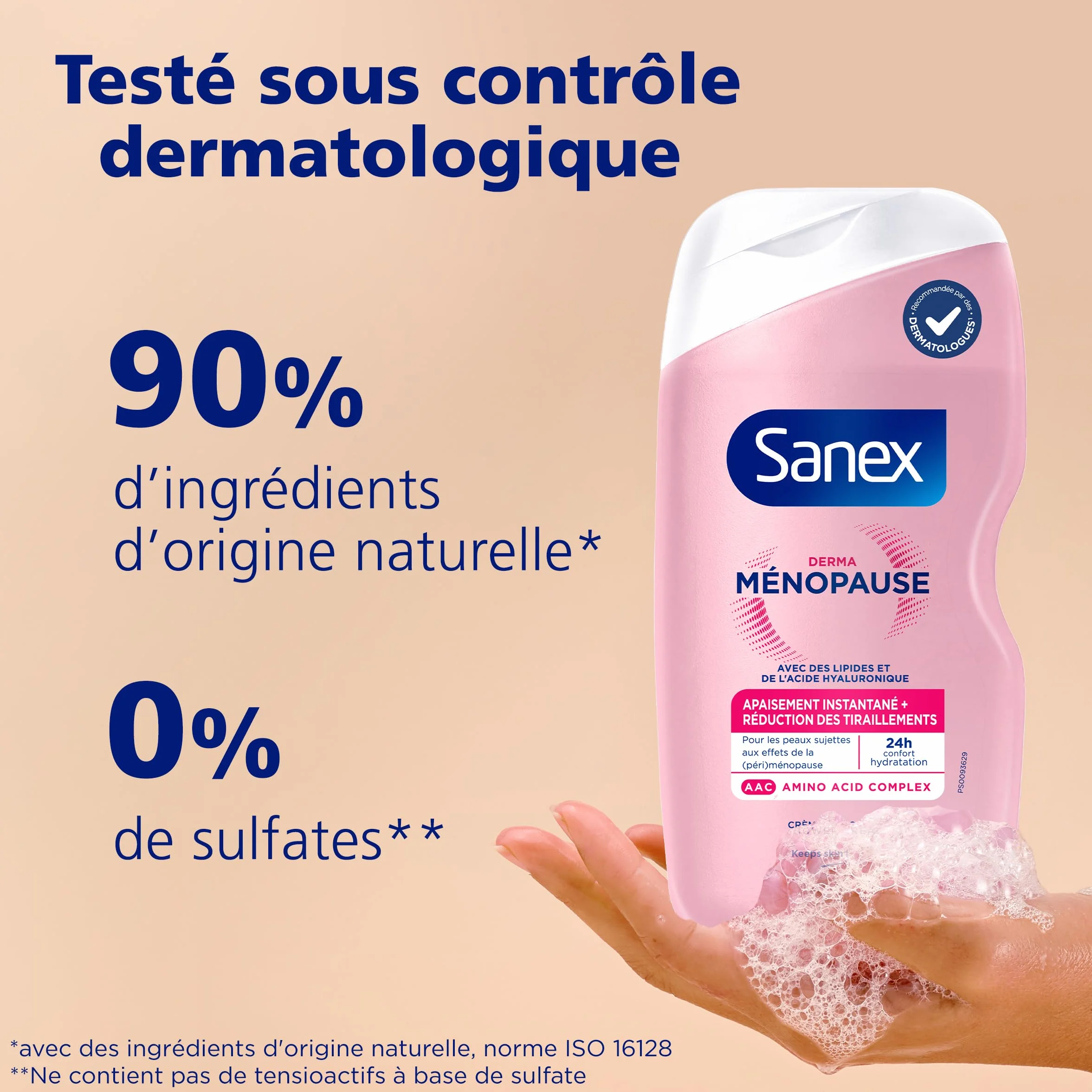 SANEX Crème de Douche Derma Ménopause Gel Douche Peaux Périménopause Ménopause Hydratation 24h Réduction Tiraillements Lipides Acide Hyaluronique 425ml