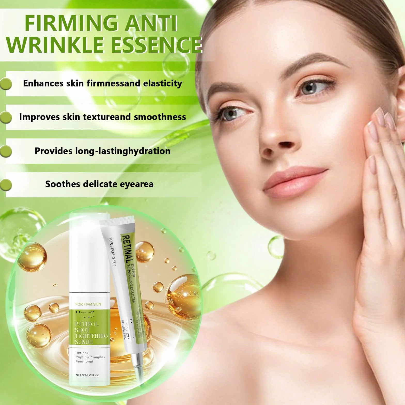 Sérum au Rétinol Raffermissant, 2 Pièces, Rétrécit les Pores, Réduit les Ridules, Convient à Tous les Types de Peau