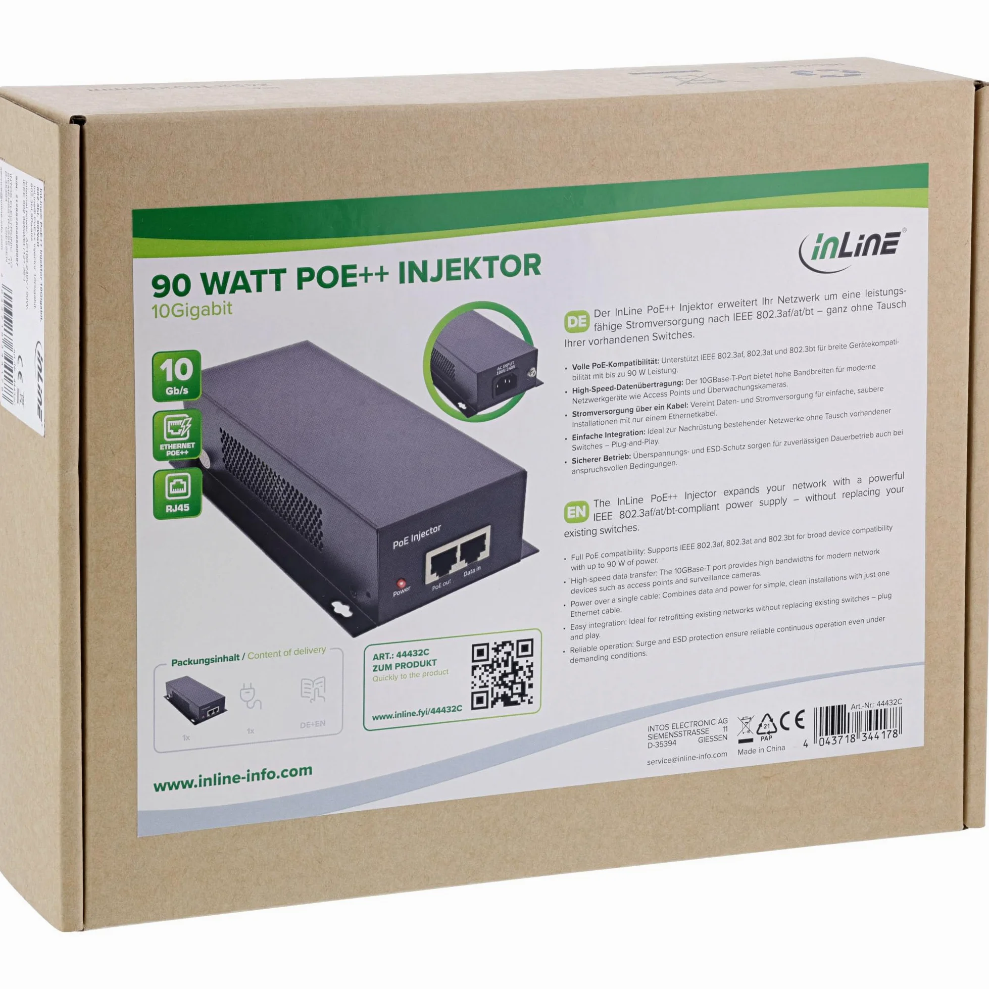 Inline Injecteur PoE++ 10 Gigabit 802.3bt/at/AF Max 90W pour caméras IP, Points d'accès, Mise à Niveau du commutateur sans Remplacement, avec Fonctions de Protection, 44432C