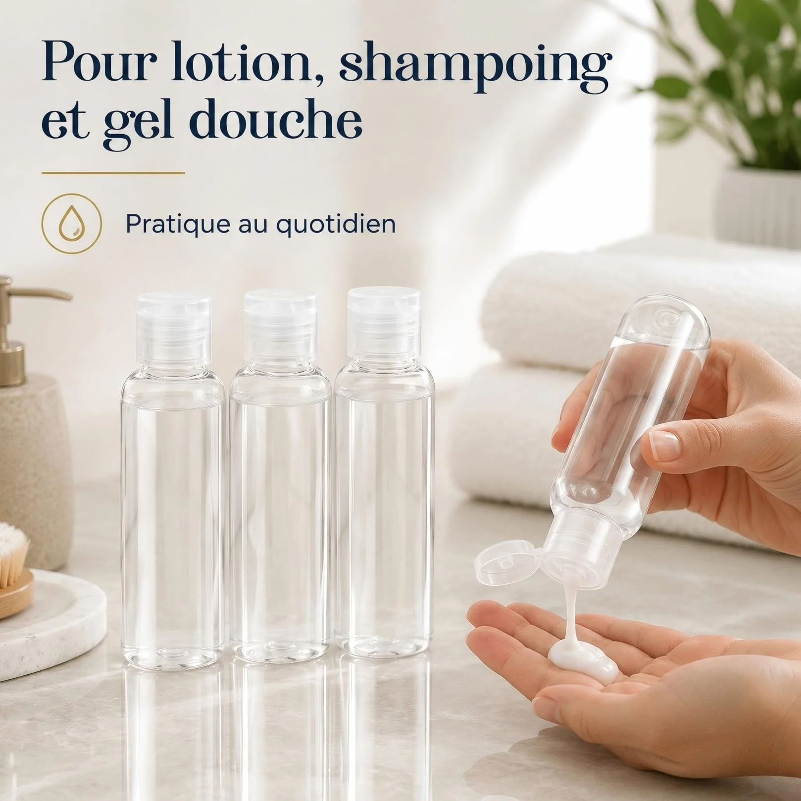 Kit de 4 Flacons de Voyage Vides Transparents 20 ml Plastique pour Cosmétiques Lotion Shampoing Gel Douche