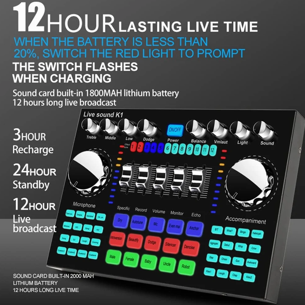 K1 Live Sound Card Portable Bluetooth Sound Card Profession RéGlable Volume Audio pour L'Enregistrement de Musique