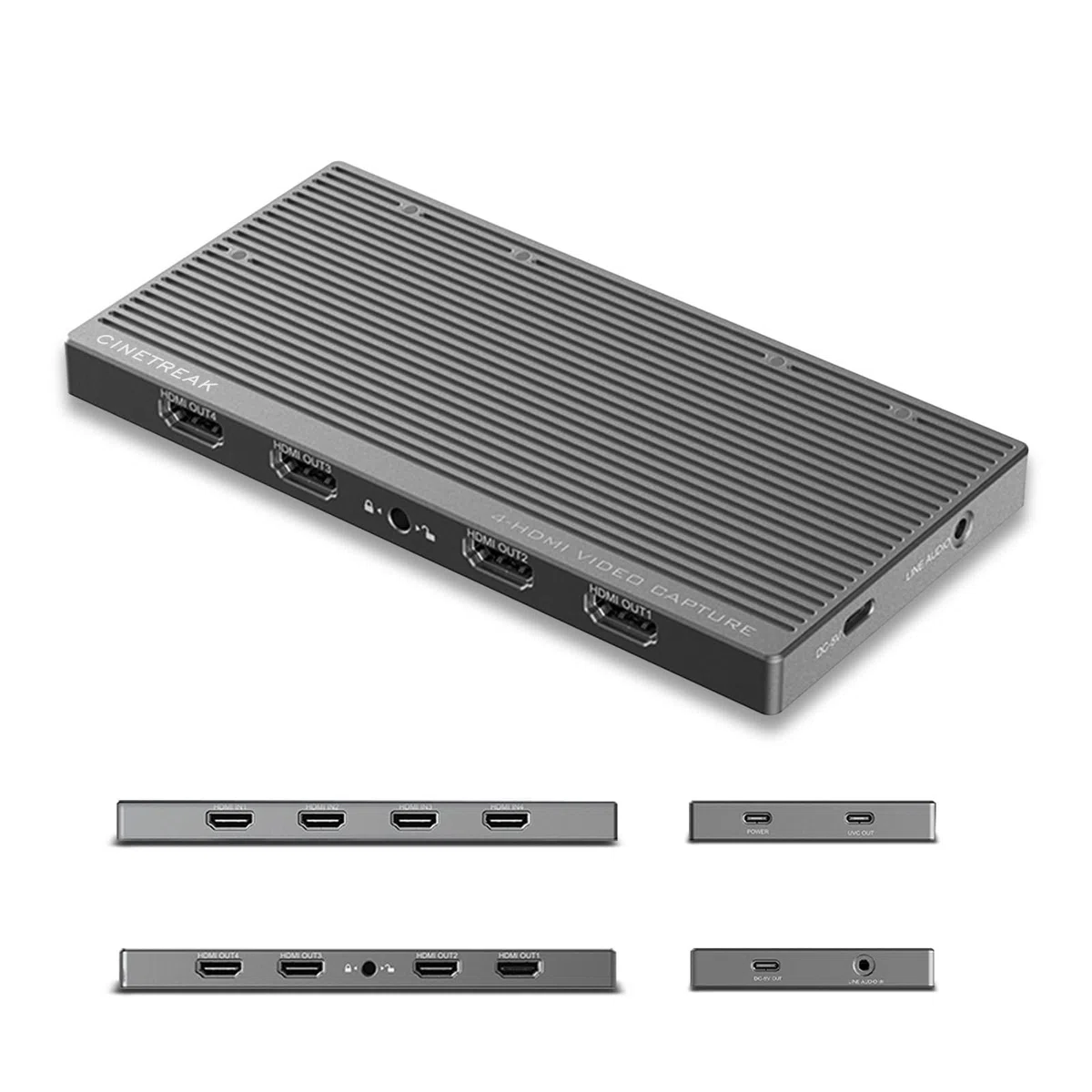 CineTreak CT-4 Carte de capture vidéo 4K - 4 entrées HDMI, UVC Plug-and-Play, capture simultanée à 4 canaux, USB 3.2 10 Gbit/s, entrée audio professionnelle, charge PD 100 W, pour streaming, jeux