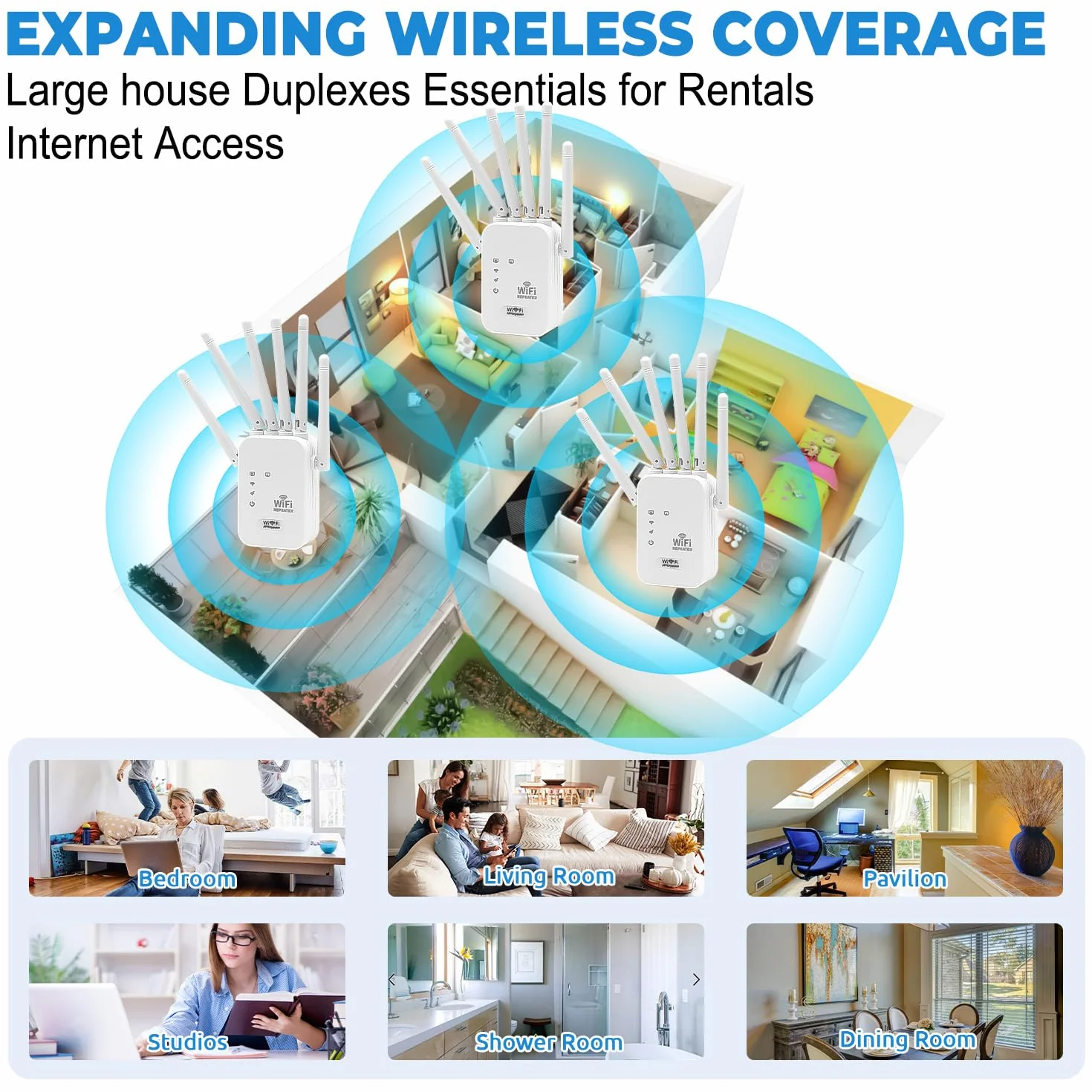 Amplificateur WiFi 6 Antennes 2 Ports Ethernet, Répéteur WiFi Puissant Longue Portée, Compatible Fibre Toutes Box