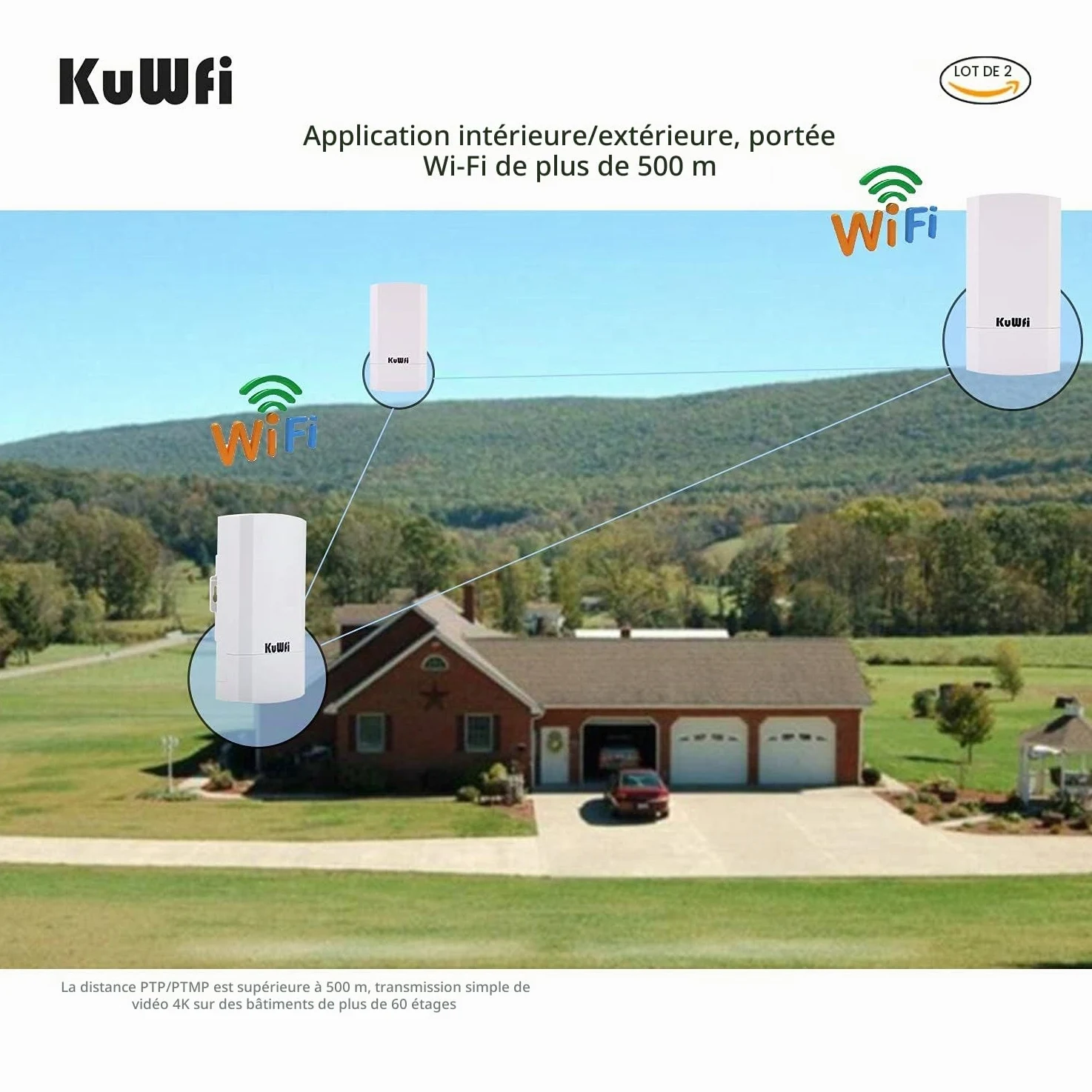 300Mbps Point d'accès extérieur Wi-FI Pont WiFi Ethernet, KuWFi Pont/CPE sans Fil intérieur et extérieur prenant en Charge Une Solution de Distance de Transmission de 1km pour PTP, Application PTMP