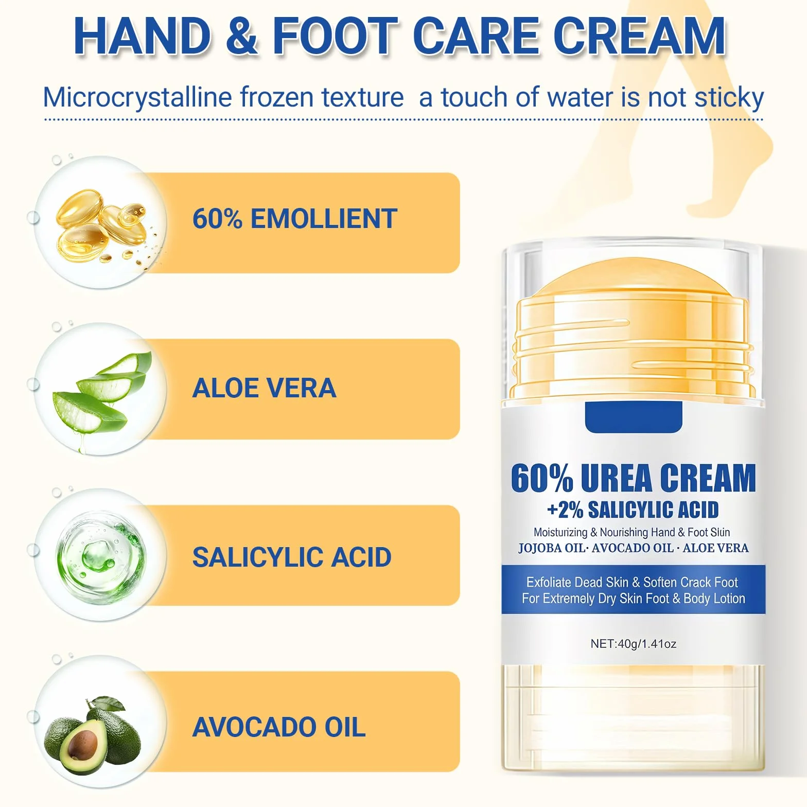 Crème à l'Urée 60% 40g pour Pieds Secs et Fissurés, Réparatrice Hydratante avec Aloe Vera