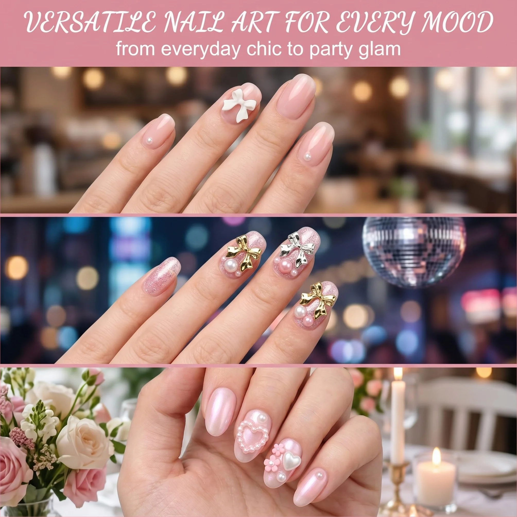 Pendentifs pour Ongles Nœud Blanc Rose Noir 3D Dos Plat Strass Nail Art Deco