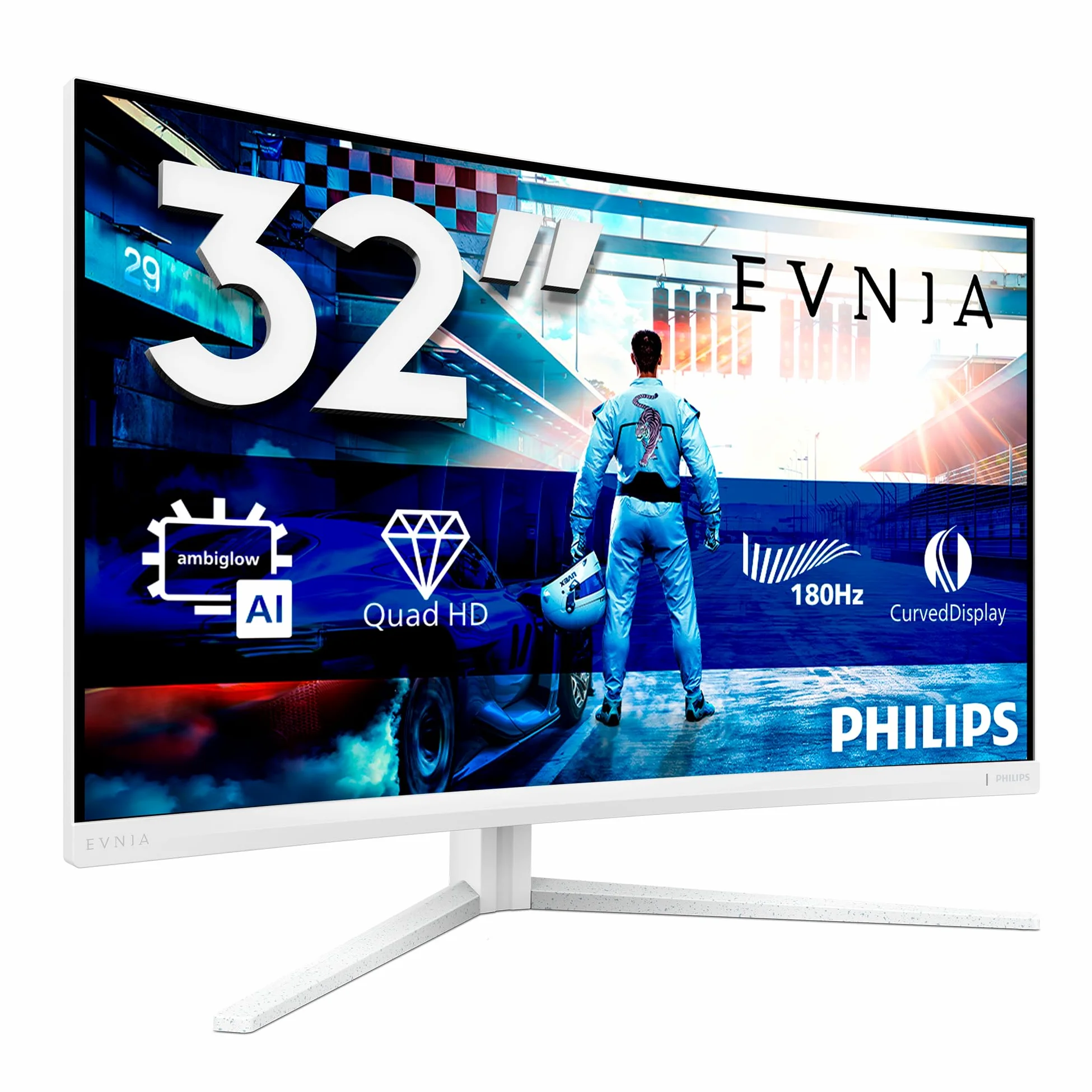 PHILIPS Evnia Gaming Moniteur Incurvé, 32M2C5501 32 Pouce 180Hz Fast VA Dalle, 1ms GtG, HDR10, FreeSync, Ajustable en Hauteur, (2560x1440 HDMI 2X 2.0 DP 1x 1.4) Blanc