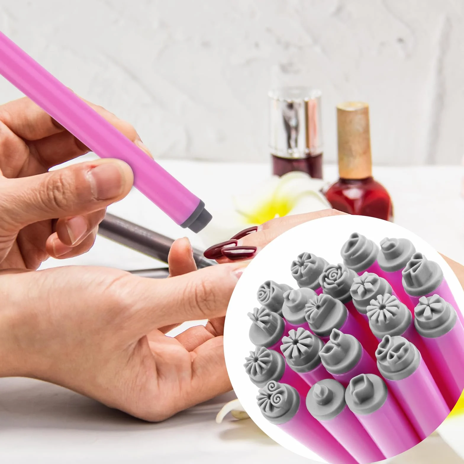 Stylos Tampons pour Ongles 19pcs, Outils Tampons Ongles avec Motifs Papillon Flocon Neige Fleur, Accessoires Ongles Bricolage