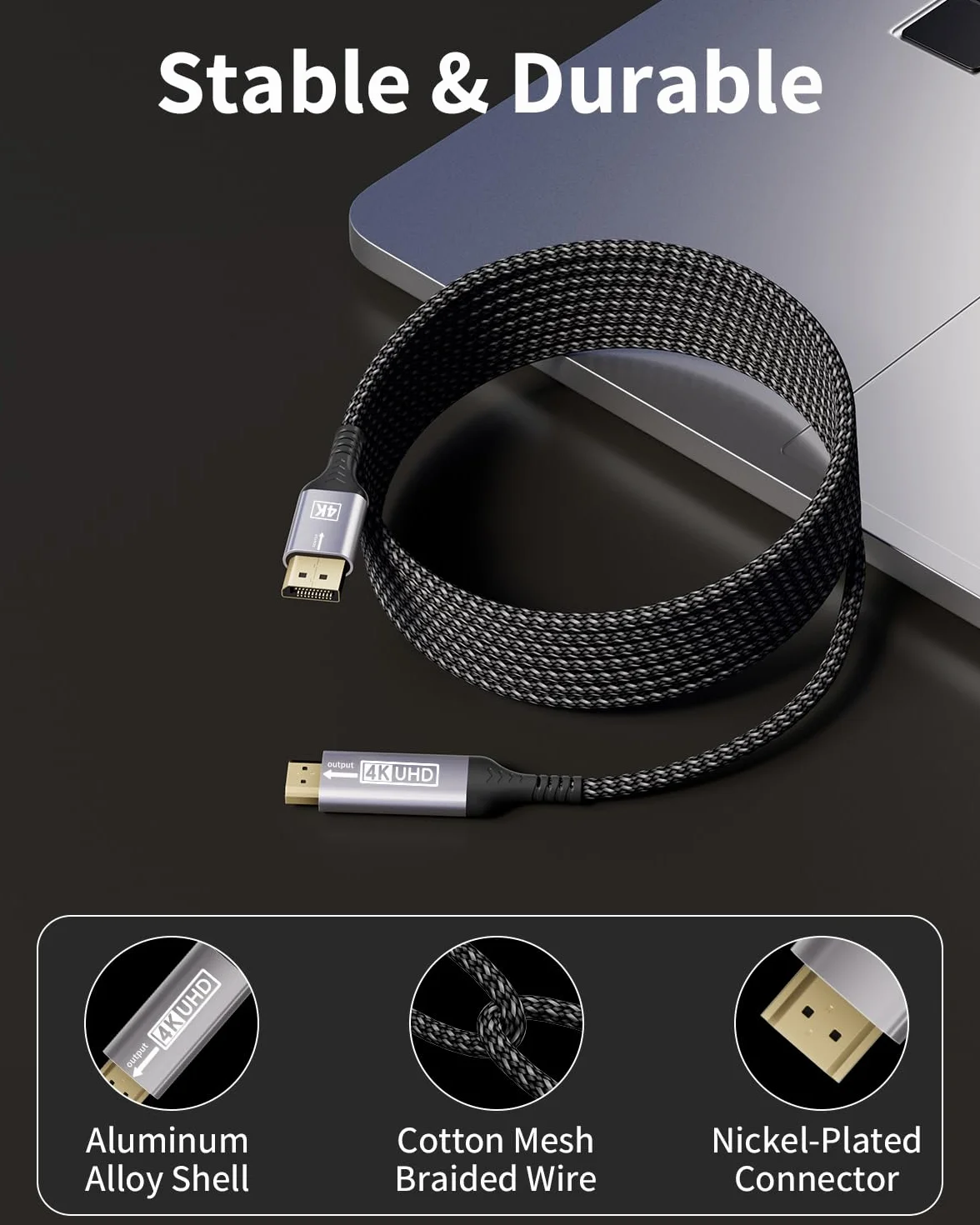 Câble DisplayPort vers HDMI 4K 2M Unidirectionnel DP Mâle UHD 4K@30Hz Nylon pour Dell Lenovo HP