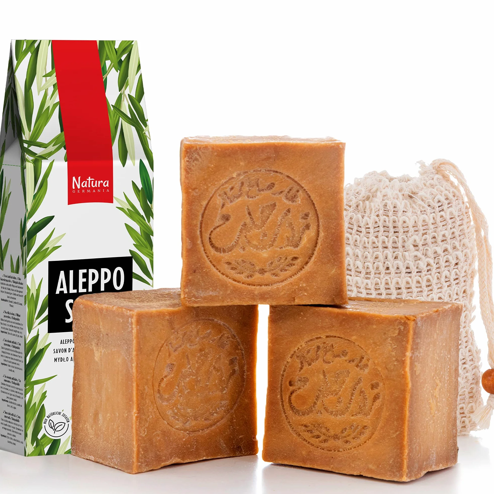 Natura Germania Ensemble de 3 savons d'Alep 90% huile d'olive 10% huile de laurier 200g
