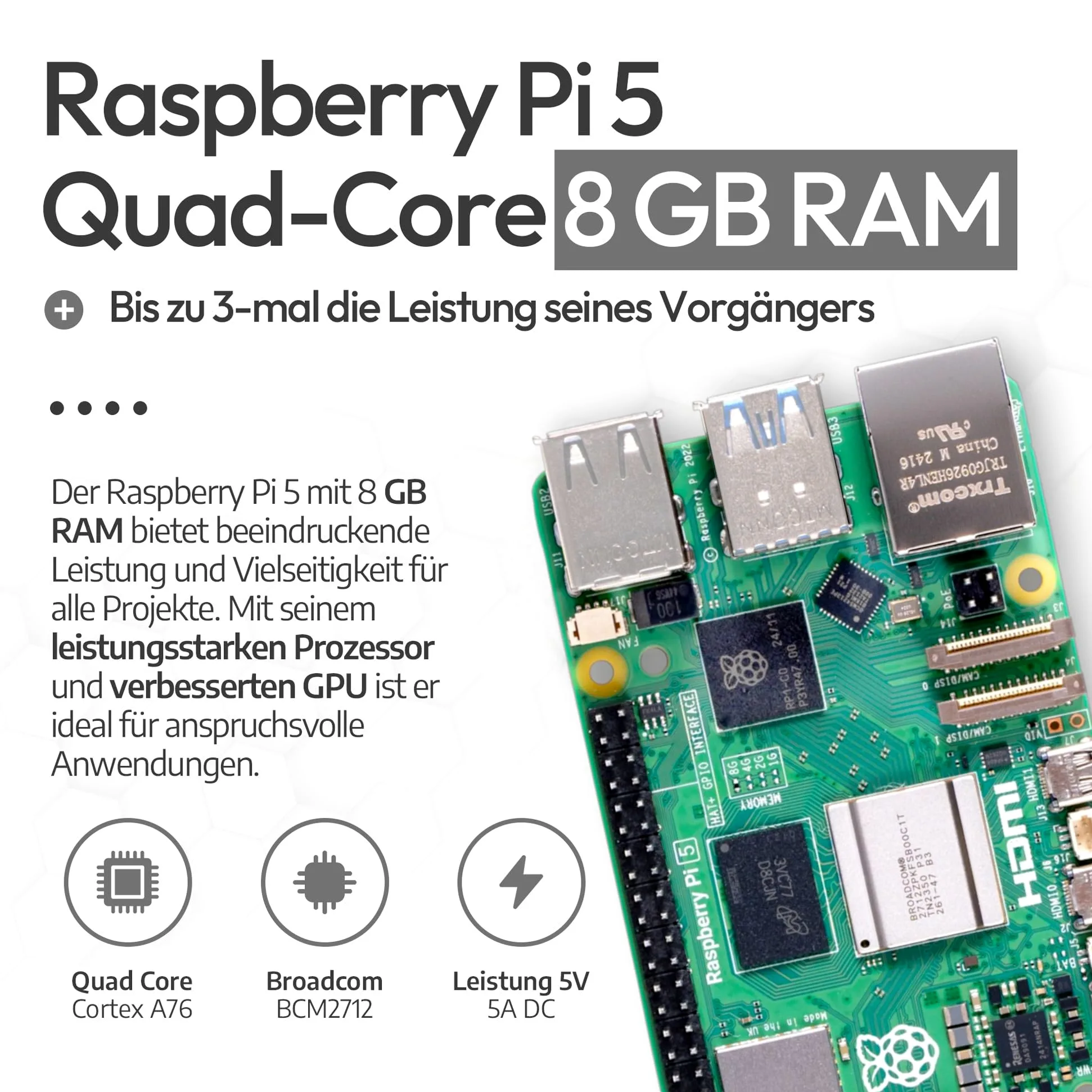 db-tronic Starter Kit pour Raspberry Pi 5 8 Go | Édition 64 Go | Alimentation 27 W | Boîtier Airflow | Refroidissement Actif | Micro HDMI 4K | idéal pour Home Assistant et Le Smart Home