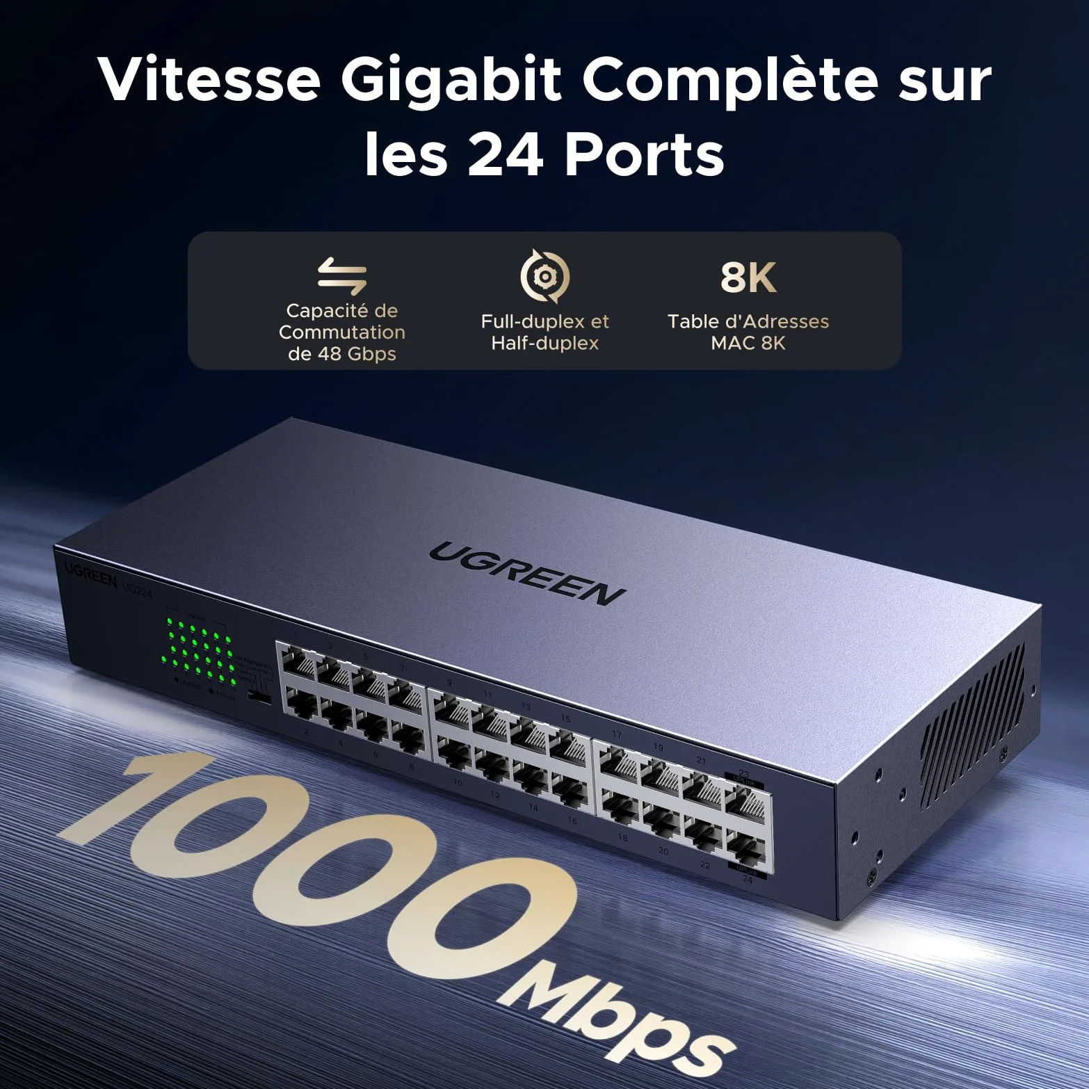 UGREEN Switch Ethernet Gigabit 24 Ports Hub Réseau LAN 1000Mbps | Montage sur Bureau ou Mural Splitter pour Bureau et Maison Multiprise RJ45 Compatible avec PC TV Imprimante Caméra Routeur