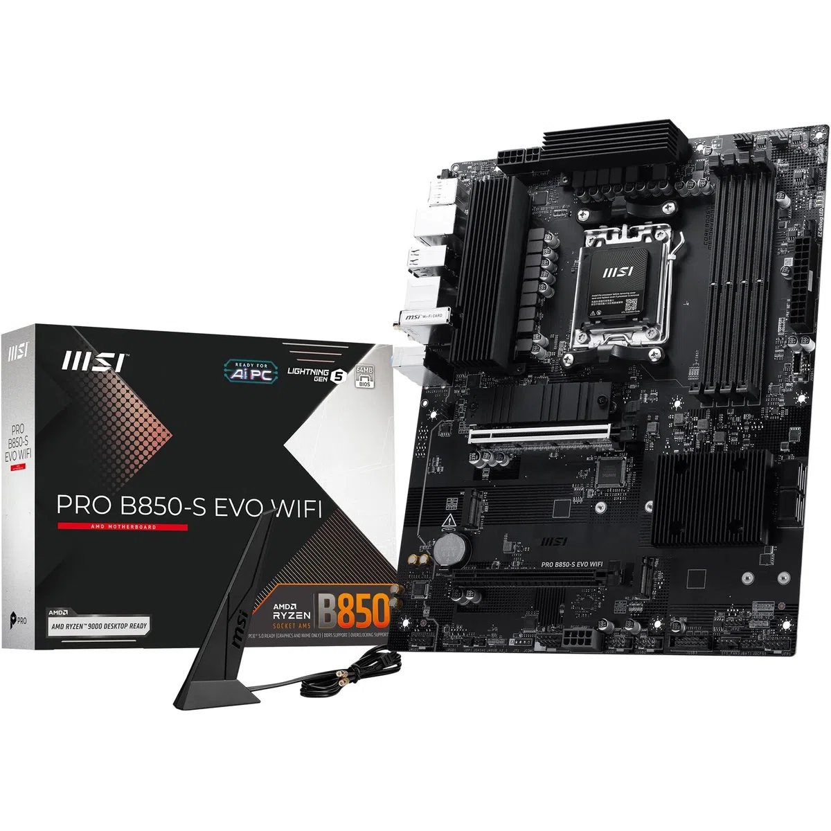 MSI Pro B850-S Evo WiFi Carte mère, ATX - pour processeurs AMD Ryzen 9000/8000 / 7000, AM5 - DDR5 Memory Boost (OC jusqu'à 8200+MT/s), PCIe 5.0 x16 et 4.0 x4, M.2 Gen5, Wi-FI 7, 5G LAN