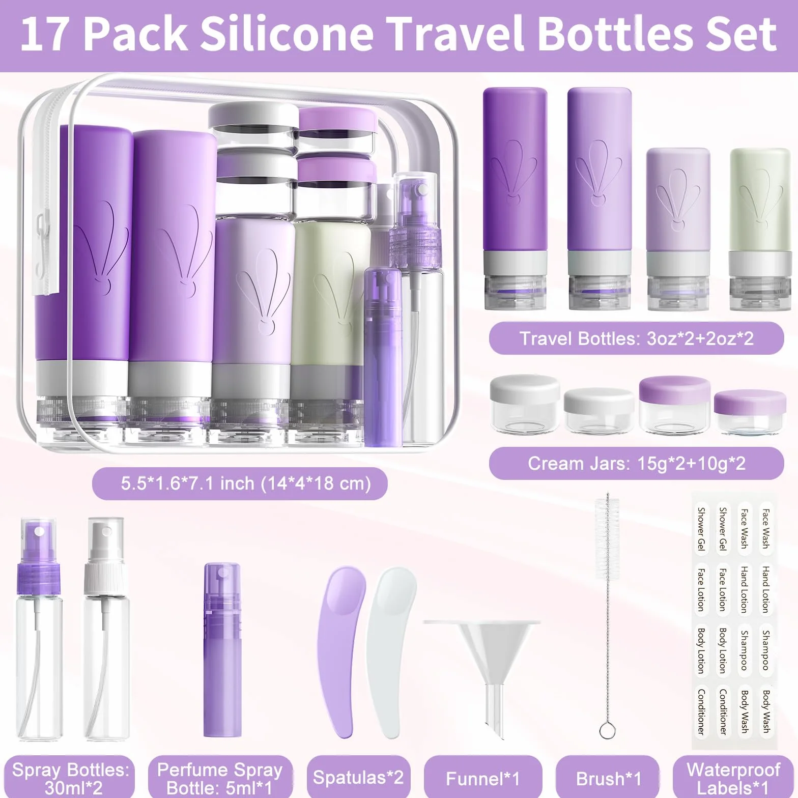 INSFIT Flacon Voyage 17 Pièces en Silicone, Contenant Réutilisable 90ml 60ml, Kit Avion Sans BPA, Trousse de Toilette pour Shampooing