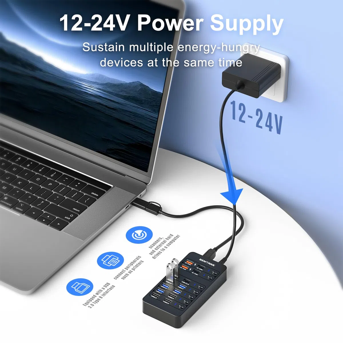 Hub USB 3.0 14 ports (6 ports USB 3.0 + 4 ports de charge rapide) avec interrupteur marche/arrêt LED indépendant, avec adaptateur d'alimentation 60 W pour Mac, PC
