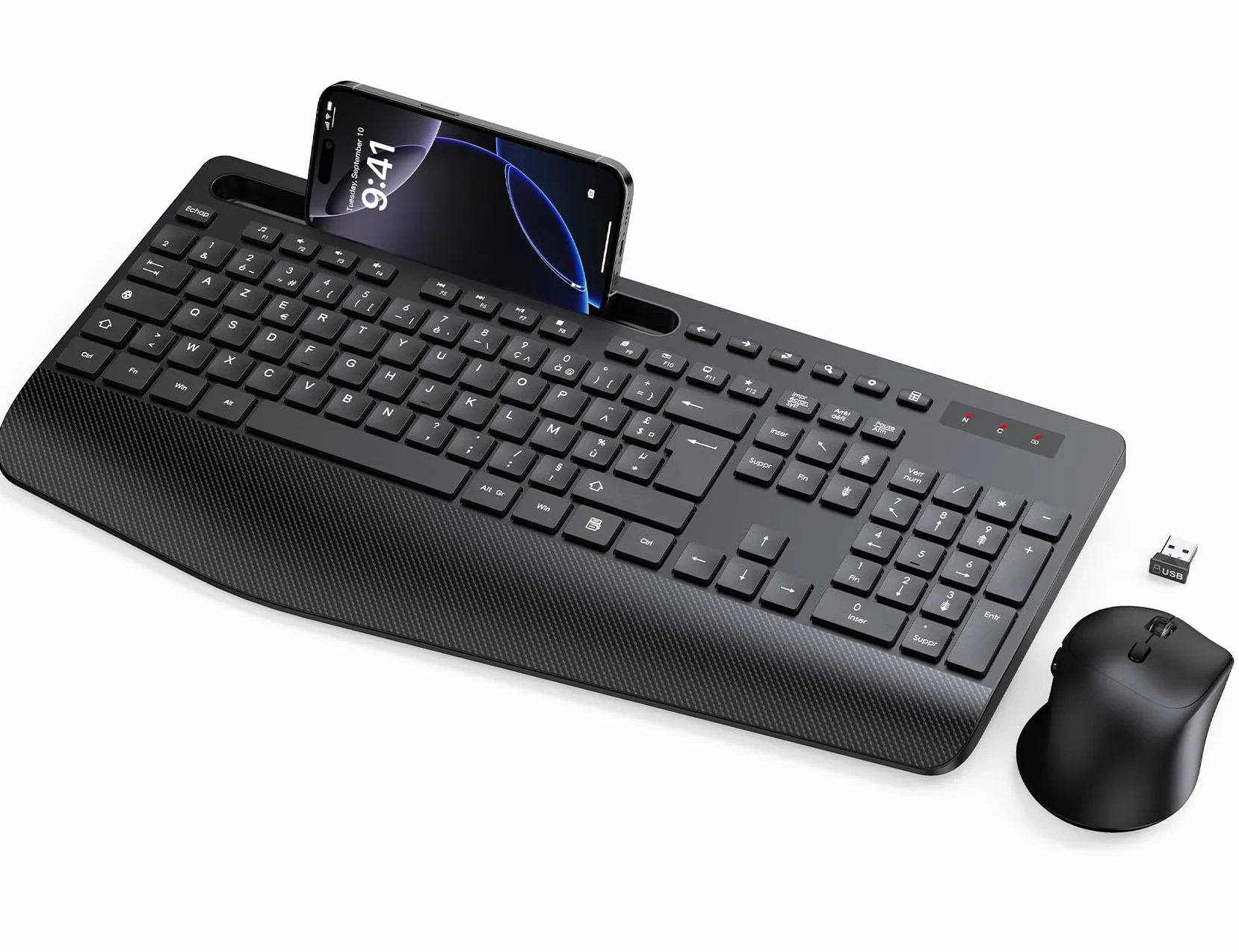 Ensemble Clavier et Souris sans Fil AZERTY-KM23 Noir, Ergonomique Pleine Taille avec Repose-Poignet, Silencieux 2,4 GHz pour PC Windows