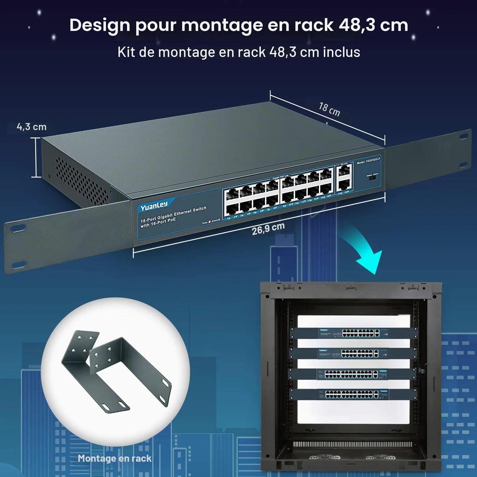 YuanLey 18 Ports Gigabit Switch PoE , 16 Ports PoE + 1000 Mbps, 2 Gigabit Uplink, 250W 802.3af/at, Bureau/Rack en Métal, Réseau Plug and Play Non géré Switch