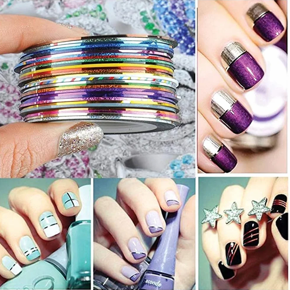 Lot de 32 rouleaux de ruban adhésif pour nail art stripes
