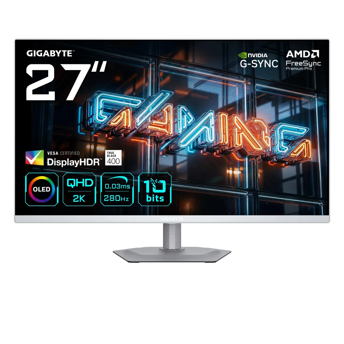 GIGABYTE MO27Q2A Ice 27” OLED 2K QHD Gaming Monitor - 2560 x 1440, 280Hz, 0.03ms, 250 CD/m², FreeSync Premium Pro, DisplayHDR True Black 400, HDMI 2.1, Displayport 1.4