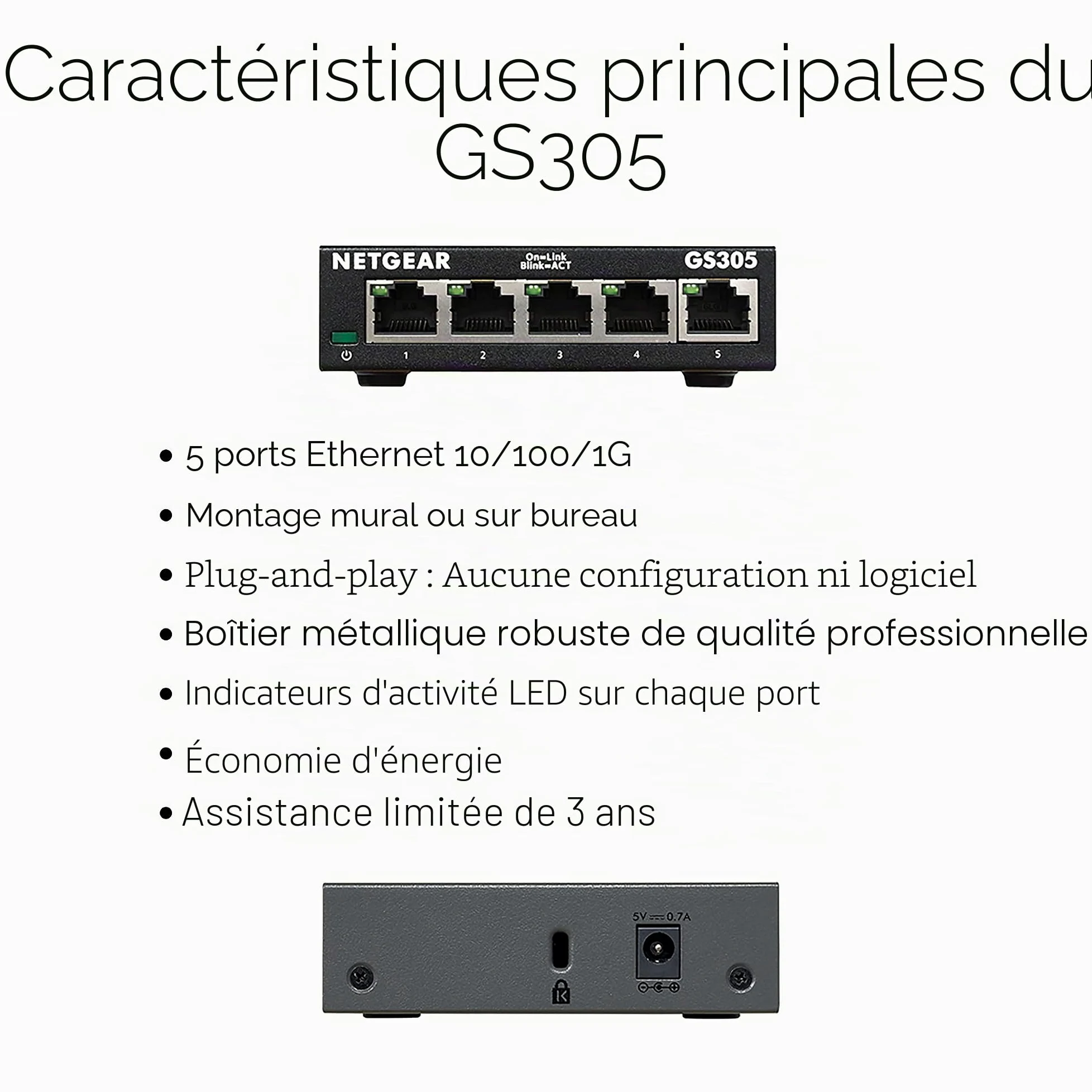 NETGEAR GS305-300PES Switch ethernet métal 5 Ports Gigabit (10/100/1000) (Lot de 2)