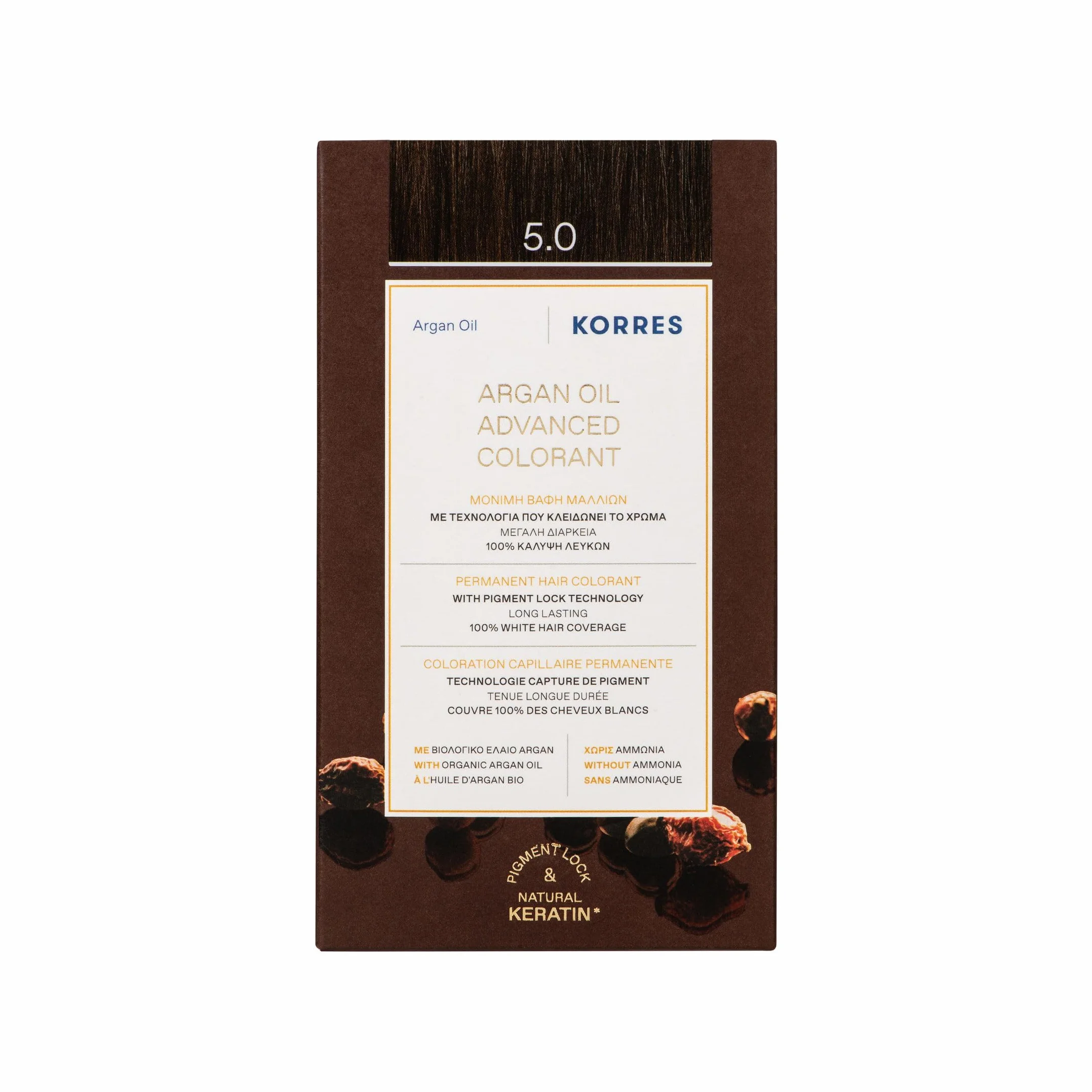 KORRES Coloration Permanente 5.0 Châtain Clair, 100% Couvre Cheveux Blancs sans Ammoniaque