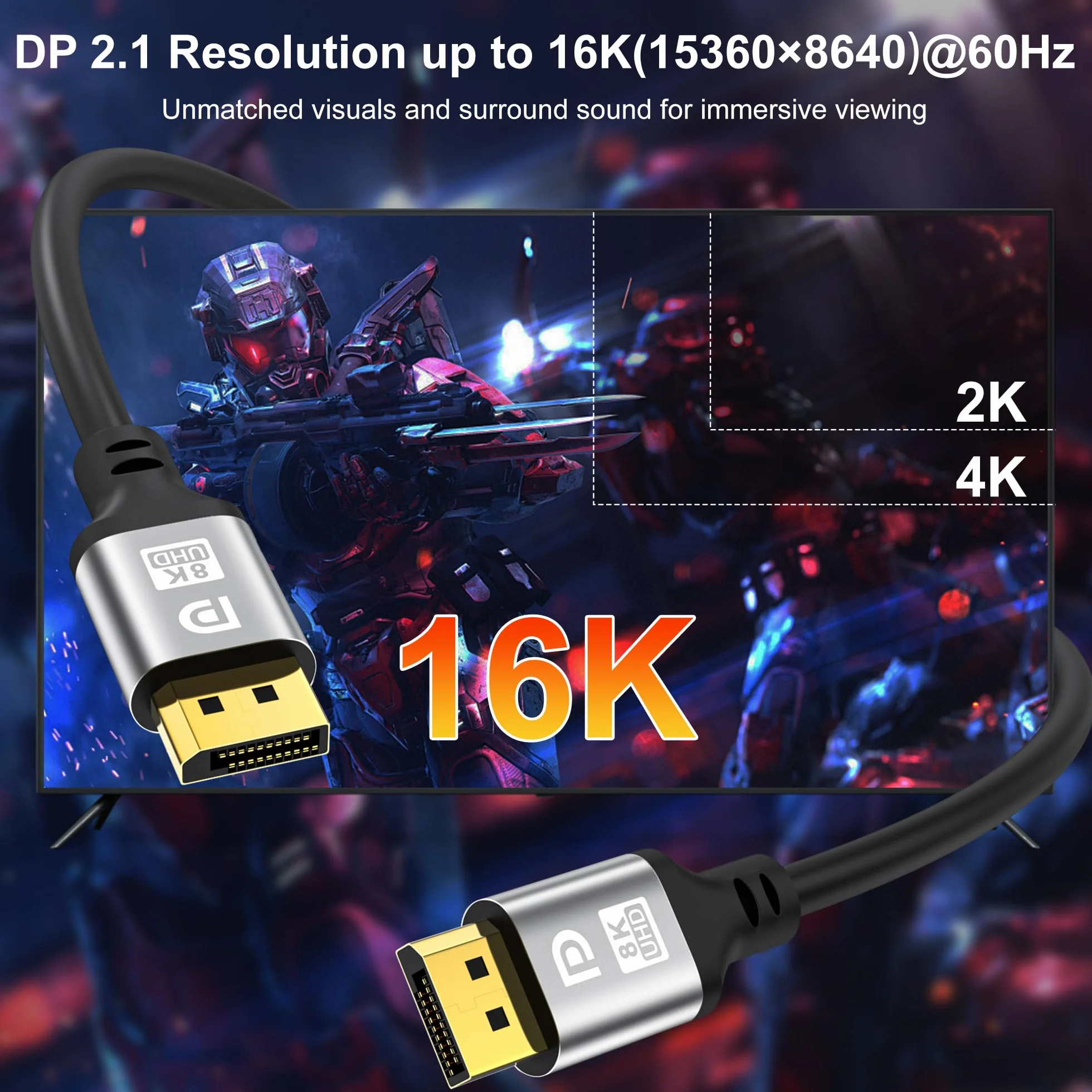 Câble DisplayPort 2.1 16K 10M DP à DP 240Hz HDR G-Sync Free-Sync pour Moniteur Gaming