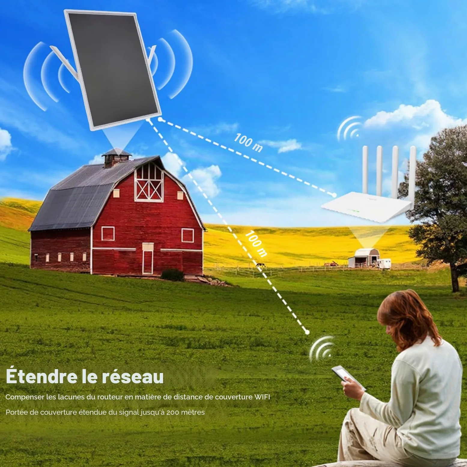 15W WiFi Extender Signal Booster Batterie Solaire Extérieur, à Longue Portée jusqu'à 328 Pieds, Amplificateur de Routeur Internet 5G, Répéteur sans Fil de 300 Mbps, IP66 Rain