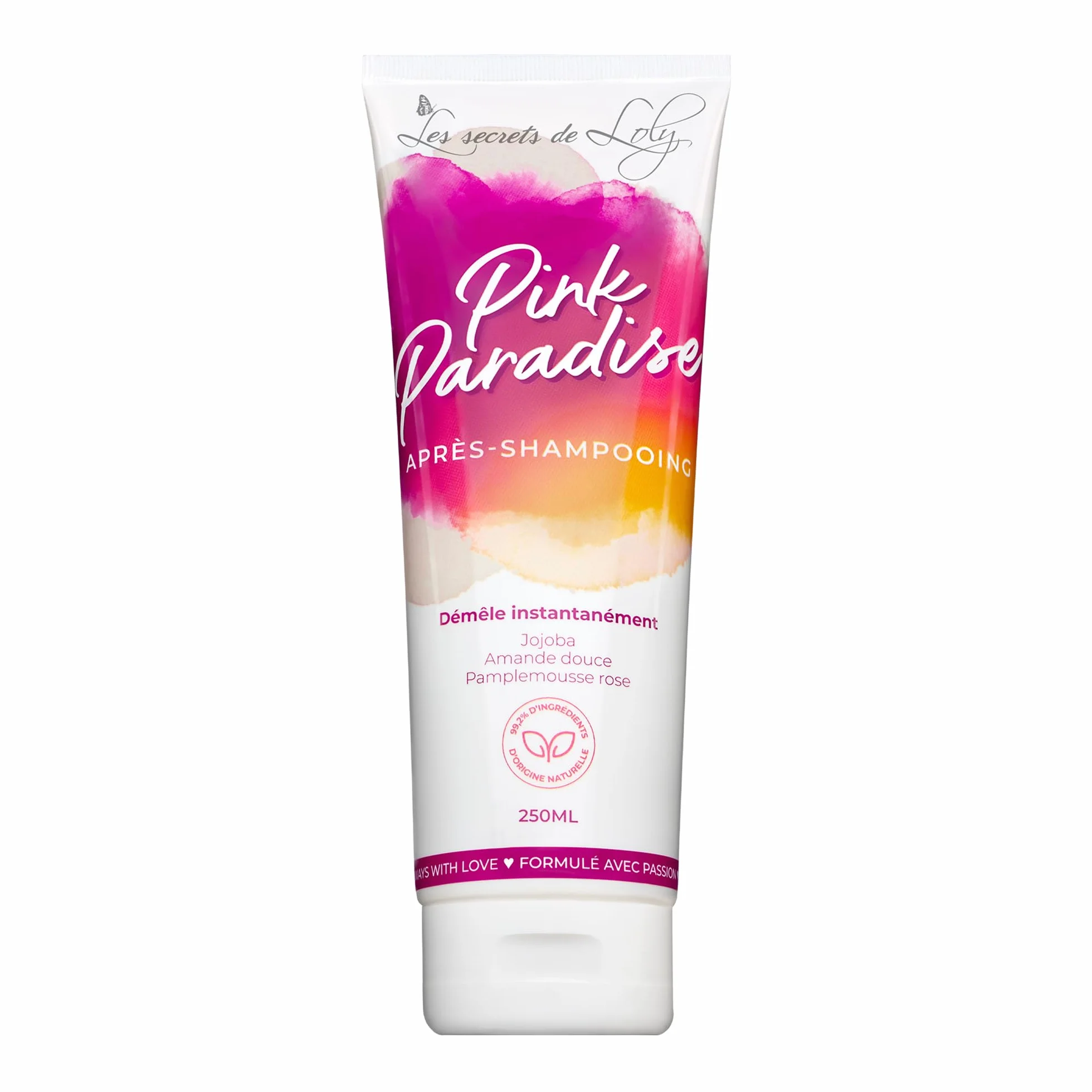 Les Secrets de Loly Après-shampooing ultra démêlant Pink Paradise 250 ml Fortifie & adoucit Cheveux ondulés bouclés frisés crépus 98% d'origine naturelle