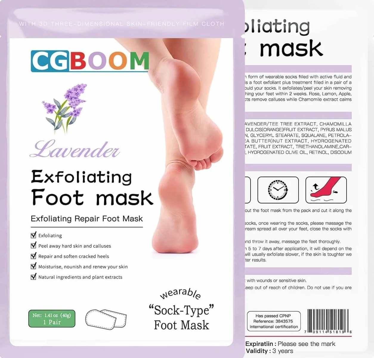 Masque Peeling Pieds Exfoliant Nourrissant Callosités Crevasses Pieds Secs Lavande
