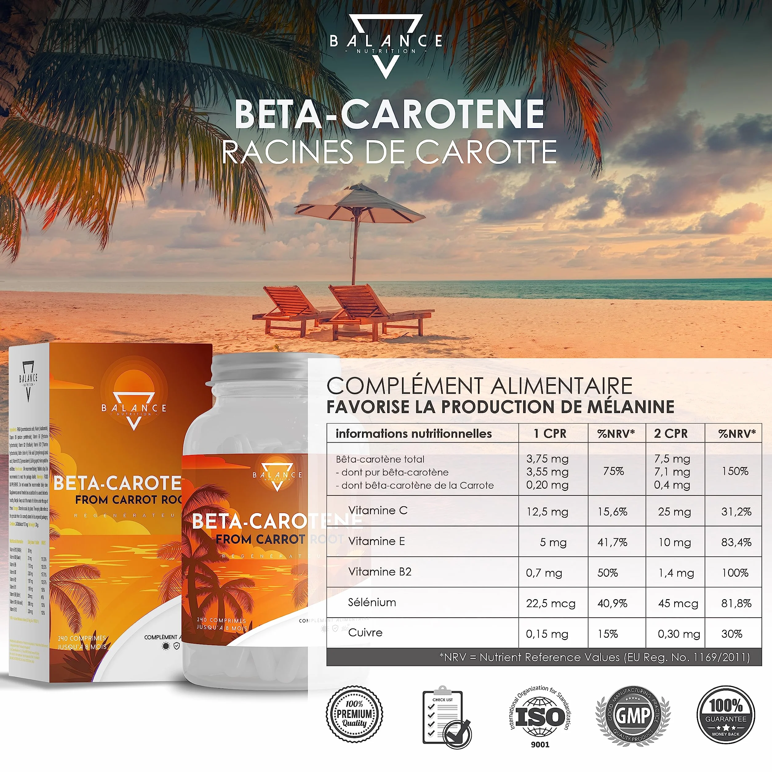 BALANCE NUTRITION BETA CAROTENE 240 Comprimés Autobronzant Gelule Bêtacarotène Bronzage Fort Extrait de Carotte Naturel