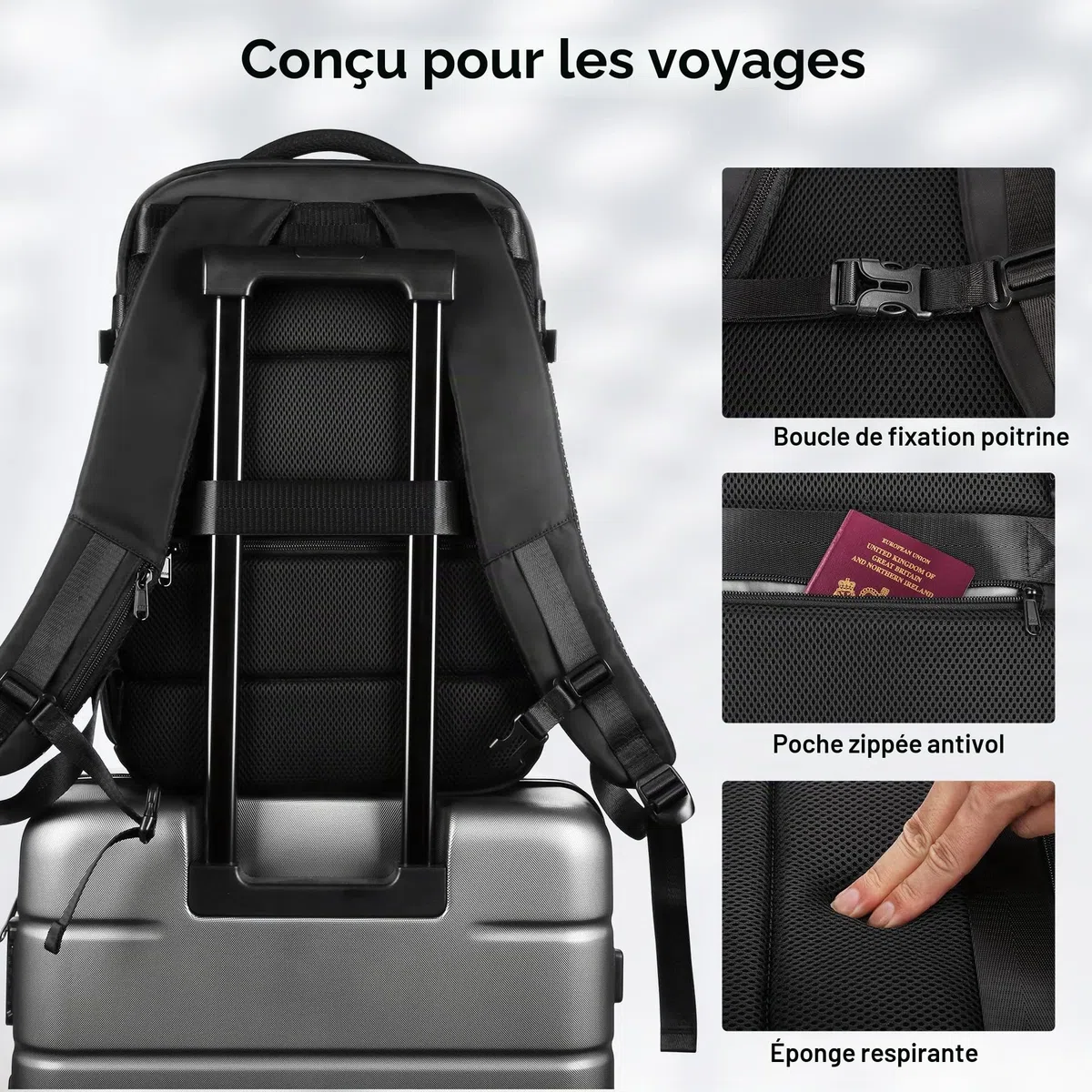 HOMIEE Sac à Dos de Voyage, Sac à Dos Cabine Imperméable pour Ordinateur Portable, Sac a Dos Voyage Avion Antivol avec Port de Charge USB, Sac à Dos Bagage à Main pour Femme & Homme, Noir