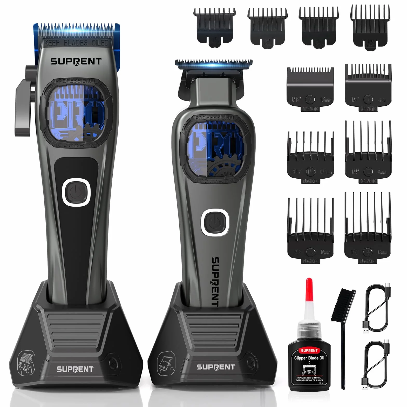 SUPRENT Tondeuse à cheveux professionnelle homme - Lame fade titane réglable Zero-Gap - 5 niveaux - Peignes magnétiques - Batterie 2500 mAh