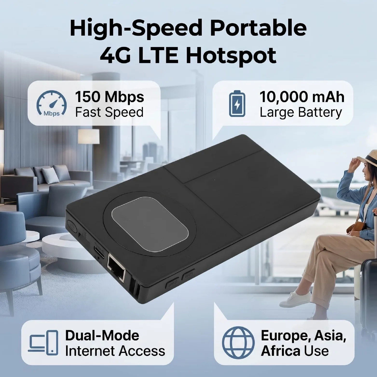 Routeur WiFi 4G LTE Portable, Point D’accès Mobile 150 Mbps 10000 MAh avec Emplacement pour Carte SIM Port Ethernet, for Voyage Affaires Extérieur