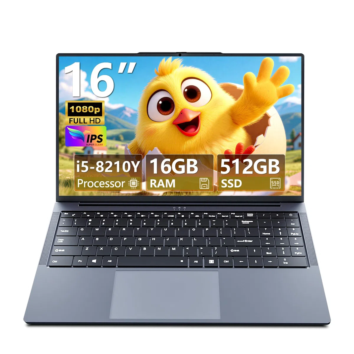 Ordinateur Portable 16", Core i5-8210Y 3.60GHz, PC Portable 16GB RAM 512GB SSD, Écran IPS FHD 1920x1200 Laptop, Clavier Rétroéclairé Numérique,WIFi5, BT 5, USB 3.0 Type-C