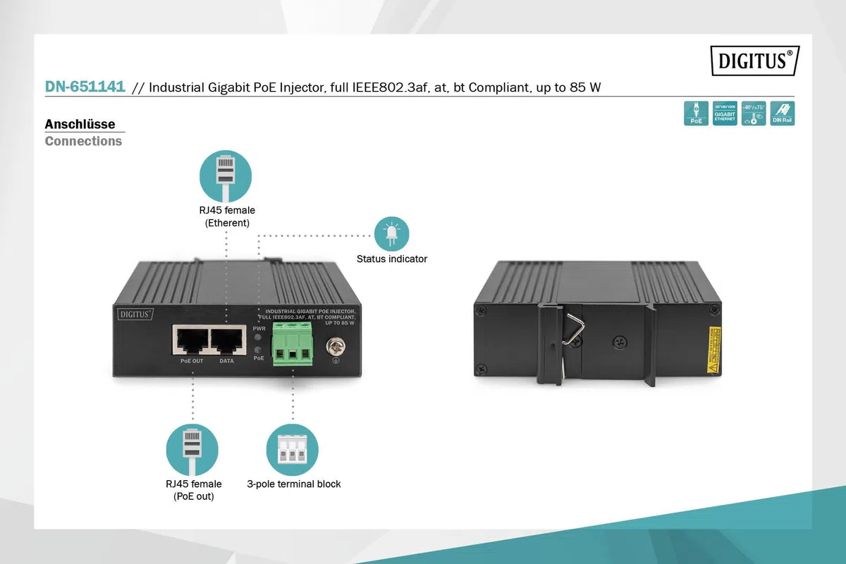 DIGITUS Injecteur Industriel Gigabit Ethernet PoE - 85W - 10/100/1000 Mbps - portée 100m - Montage sur Rail DIN - Noir