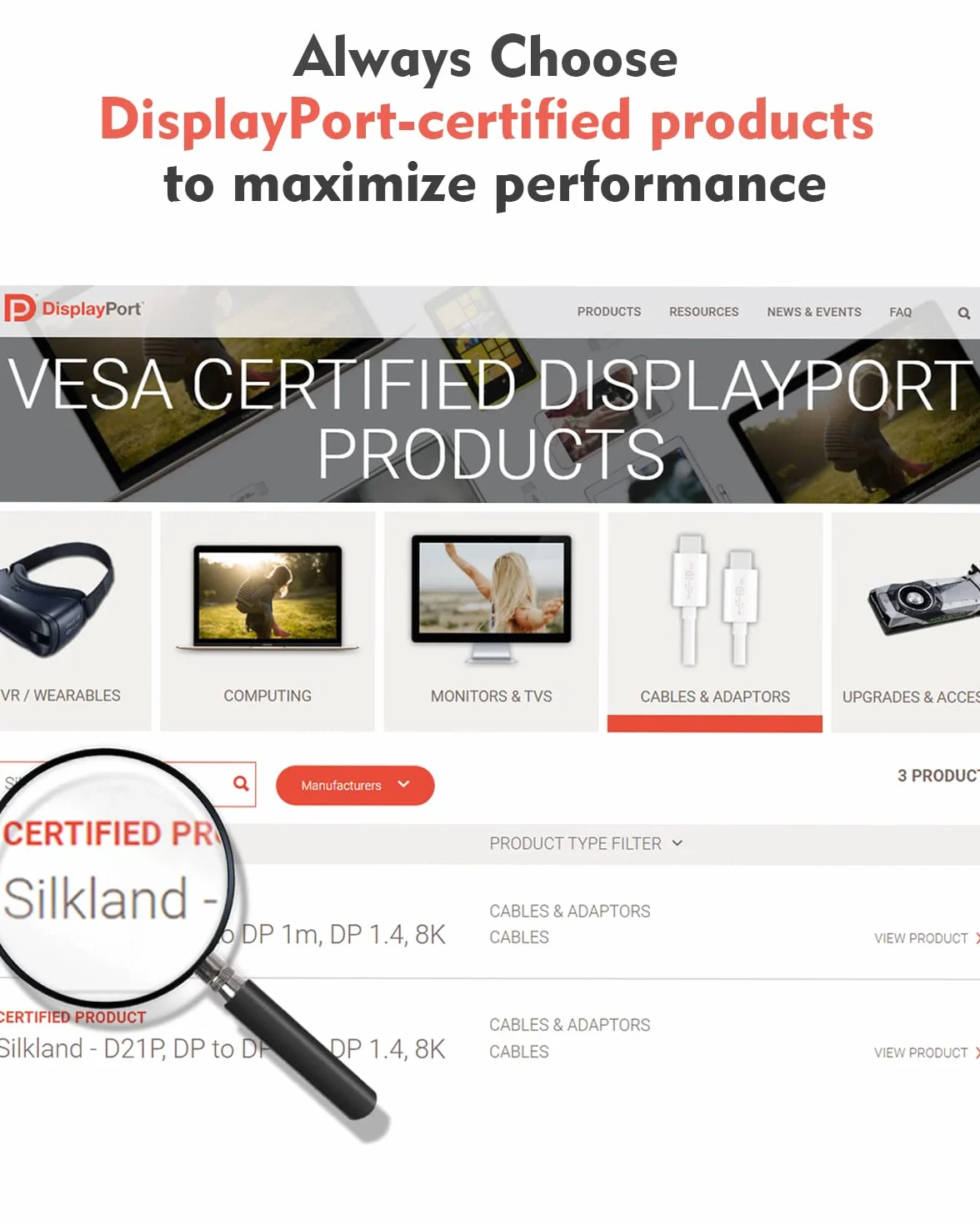 Silkland 8K Câble DisplayPort 1.4 2m VESA Certifié 4K@144Hz 32.4Gbps HDR G-Sync Free-Sync