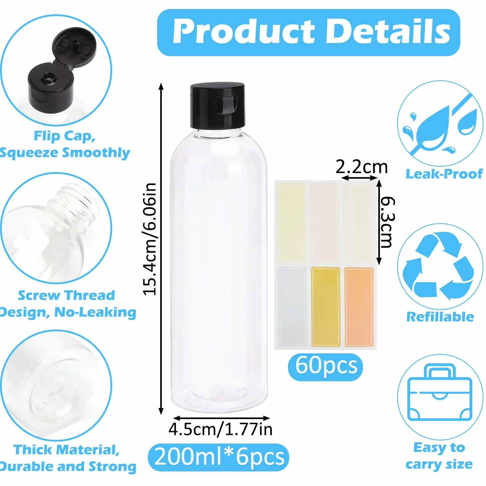 Ensemble 6 Flacons Voyage 200 ml avec Étiquettes Autocollantes Rechargeables pour Shampoing, Après-shampoing