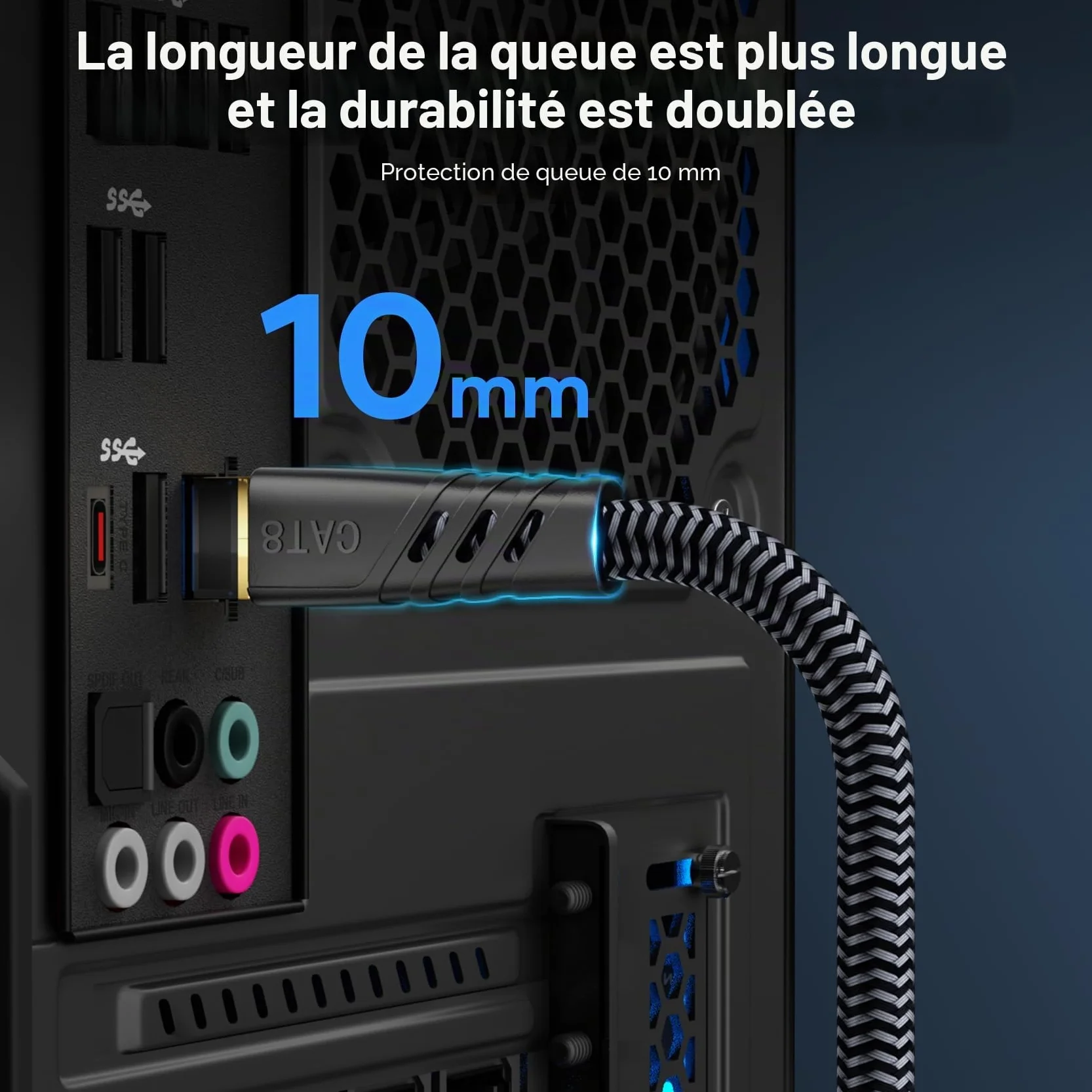 Cat 8 Câble Ethernet 5m, RJ45 Plat Nylon Tressé 40Gbps 2000MHz