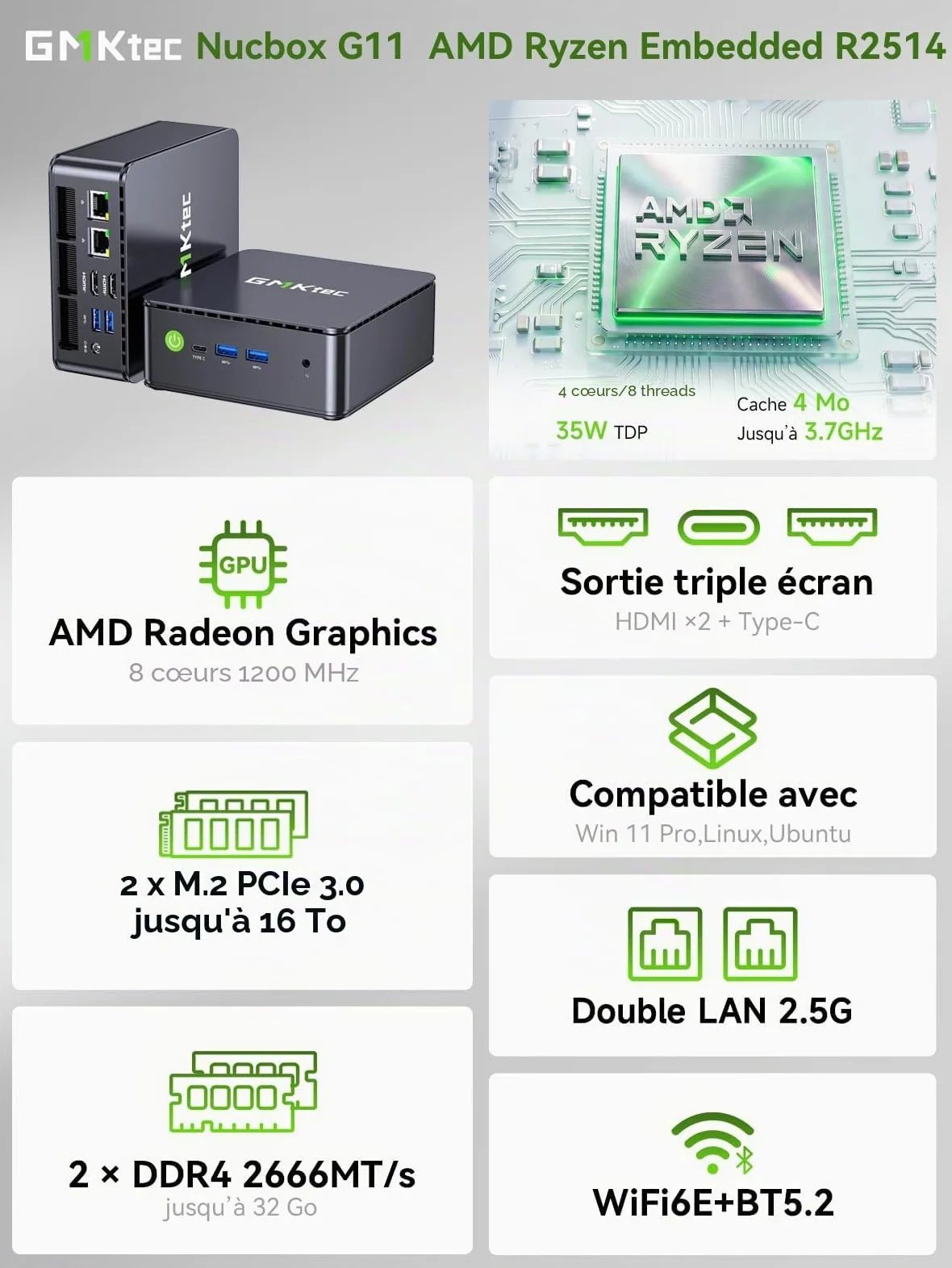 GMKtec G11 Mini PC avec AMD Ryzen Embedded R2514, 3 Ans d'assistant, 4C/8T Jusqu’à 3,7 GHz (Beats 4300U), 16Go DDR4 256Go SSD PCIe 3.0, Dual LAN 2,5G/WiFi6E/Triple écran 4K, pour Bureau/NAS/routeur