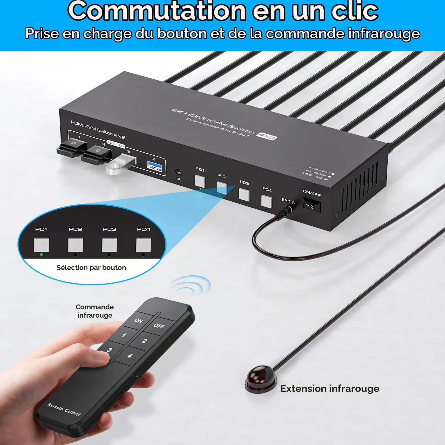 HDMI KVM Switch 4 PC 2 Monitor 4K60Hz Emulation Edid Commutateurs KVM 4 In 2 Out HDMI USB 3.0 Switch Pour 4 Ordinateurs 2 Moniteurs Et 4 Périphériques USB 3.0 Avec Télécommande IR