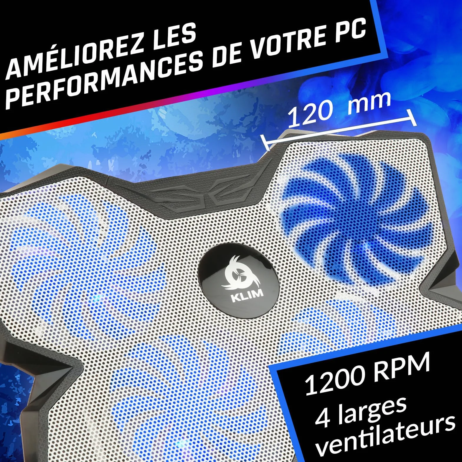 KLIM Wind Refroidisseur Ordinateur Portable 4 Ventilateurs Silencieux PC Portable PS5 PS4 Blanc Bleu