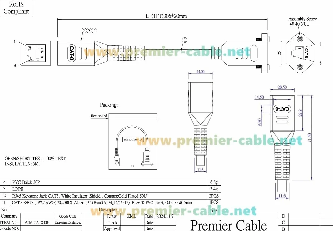 Câble d'extension Ethernet RJ45 Cat8 femelle à visser 40 Gbit/s blindé 0,3 m