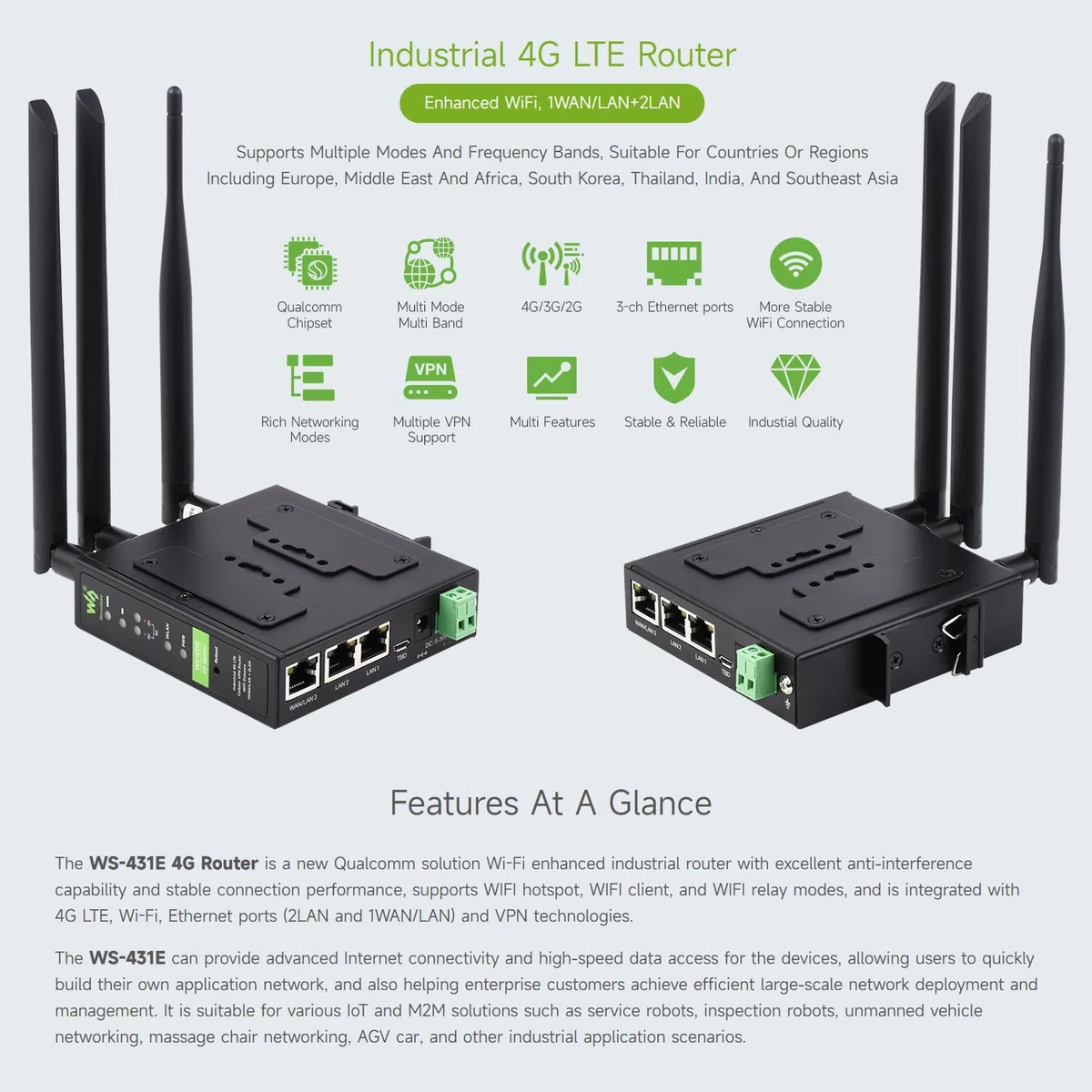 Waveshare Industrial 4G LTE Router, Support Multiple VPN Protocols, 3-Ch Ethernet Ports, WiFi High-Speed Internet Access, Dual Qualcomm Chips, Supports Multiple Mode & Frequency Bands, for Europe
