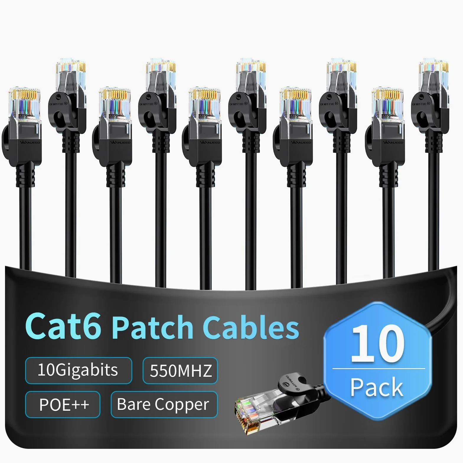 Lot de 10 câbles Ethernet Cat 6, pour extérieur et intérieur, 10 Gbit/s, compatible réseau Cat8 Cat7, câble de raccordement plat RJ46 Internet LAN pour routeur, modem, commutateur, consoles de jeu