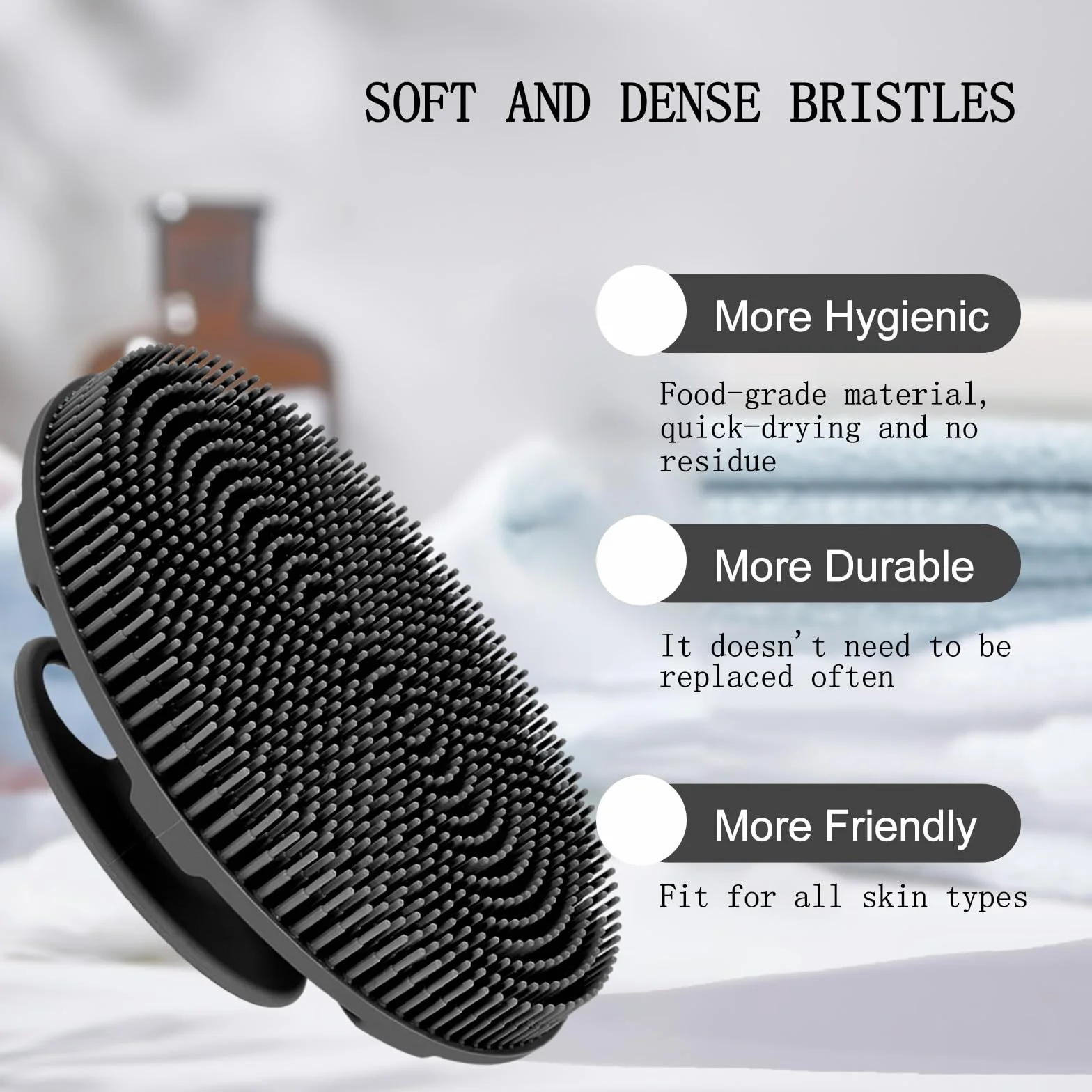 Brosse de douche en silicone souple de qualité alimentaire exfoliante douce et moussante noir